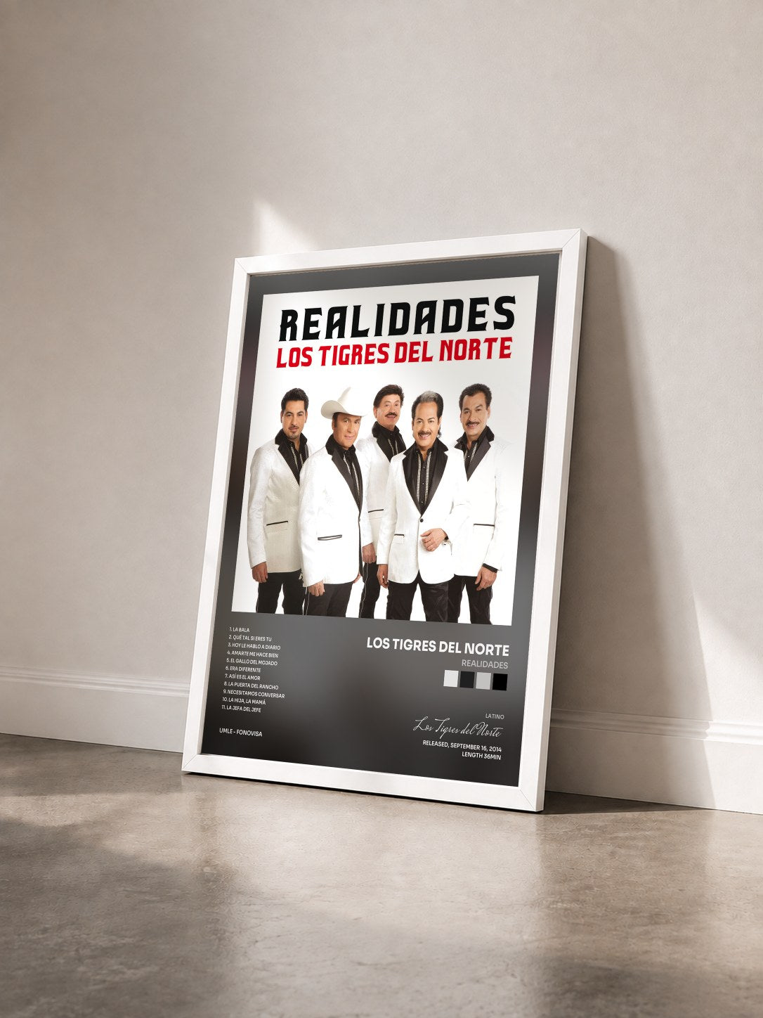 #blanc Tableau de l'album Realidades de Los Tigres del Norte vu de trois quarts, cadre blanc