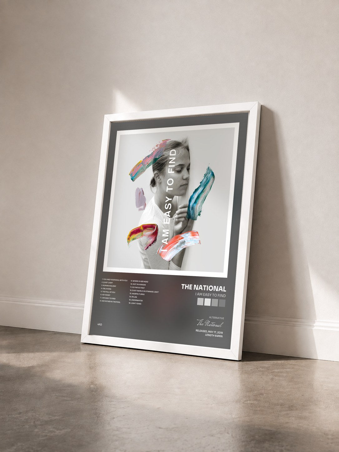#blanc I Am Easy to Find by The National as a framed art print seen at an angle, white frame
