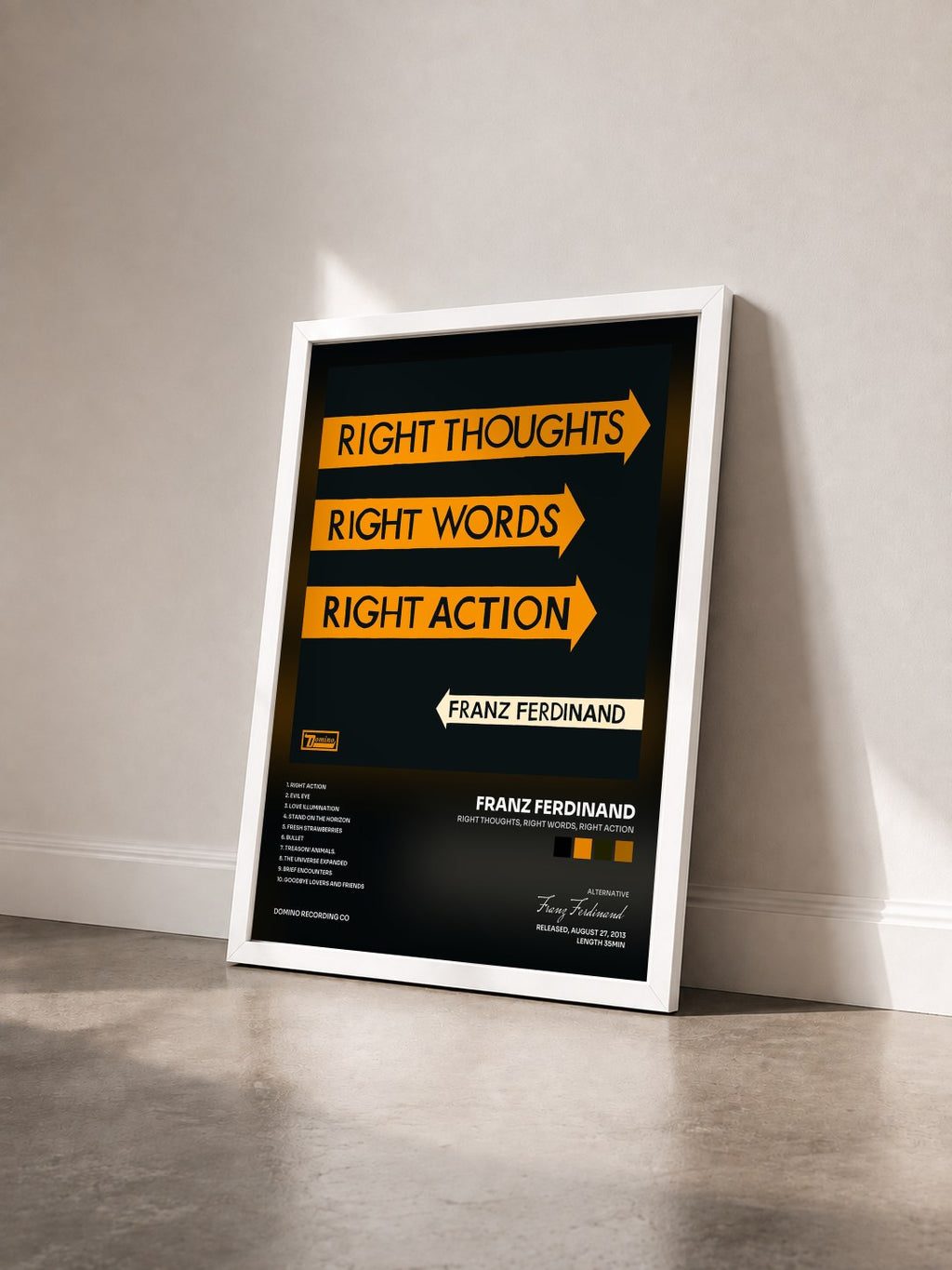 #blanc Right Thoughts, Right Words, Right Action von Franz Ferdinand als gerahmter Kunstdruck von schräg gesehen, weißer Rahmen
