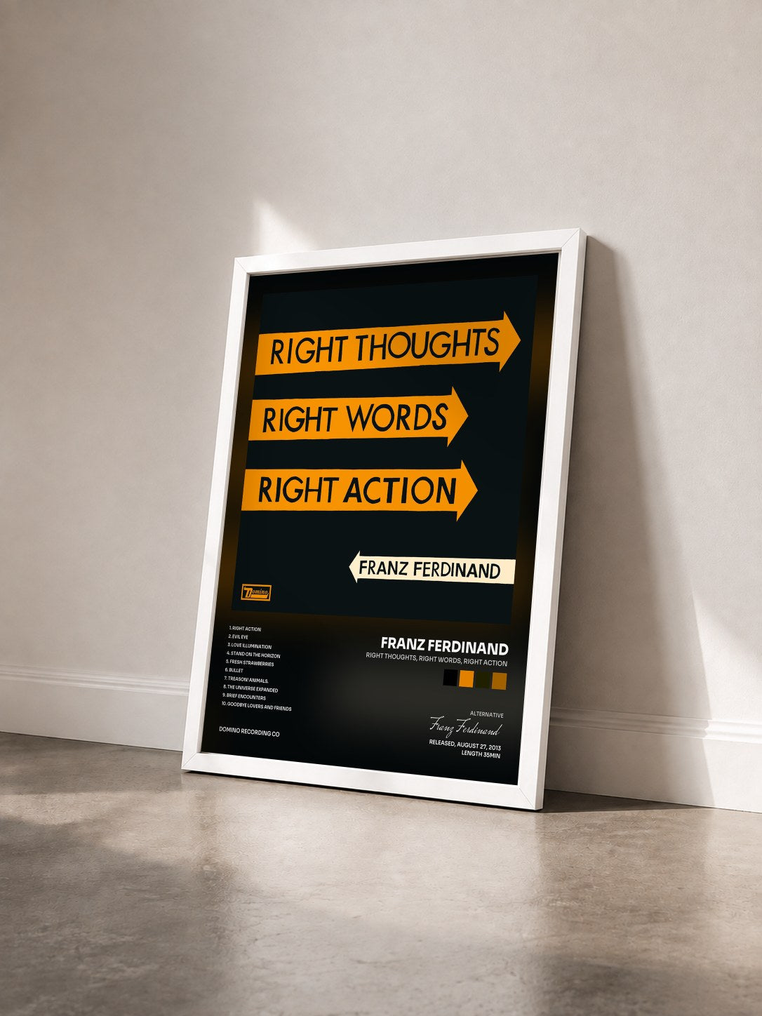 #blanc Right Thoughts, Right Words, Right Action von Franz Ferdinand als gerahmter Kunstdruck von schräg gesehen, weißer Rahmen