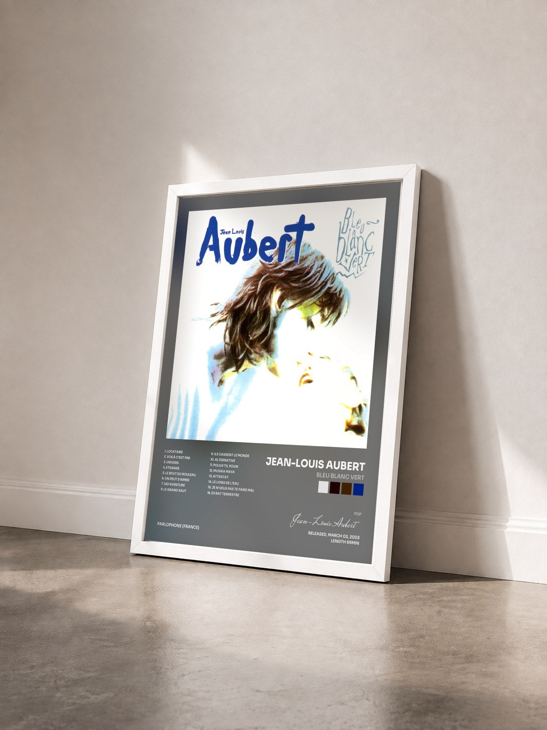 #blanc bleu blanc vert by Jean-Louis Aubert as a framed art print seen at an angle, white frame
