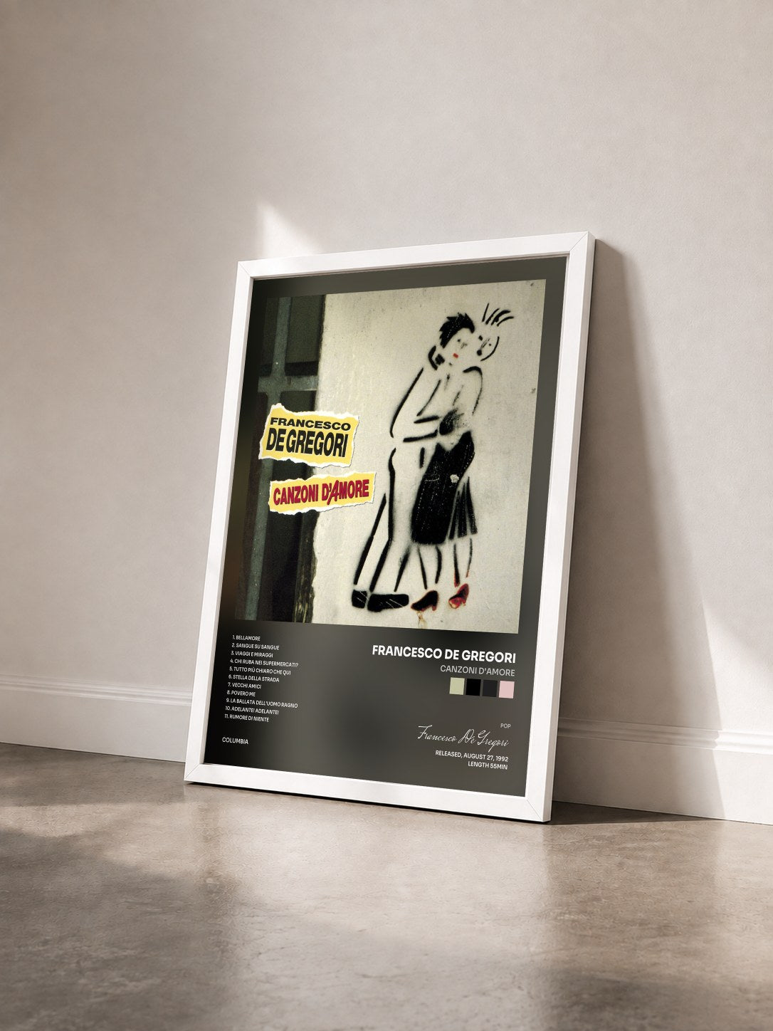 #blanc Tableau de l'album Canzoni D'Amore de Francesco De Gregori vu de trois quarts, cadre blanc
