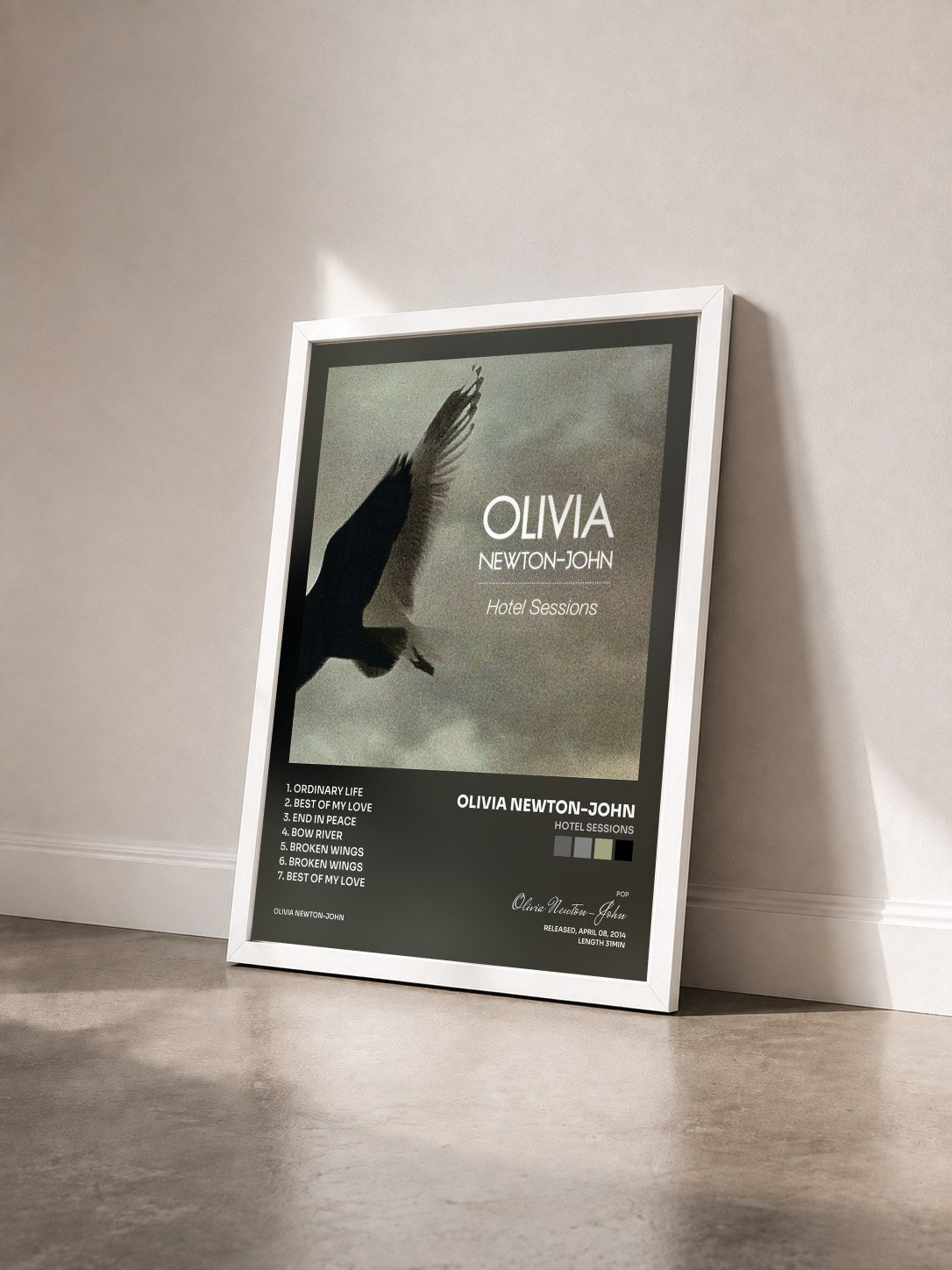 #blanc Tableau de l'album Hotel Sessions de Olivia Newton-John vu de trois quarts, cadre blanc