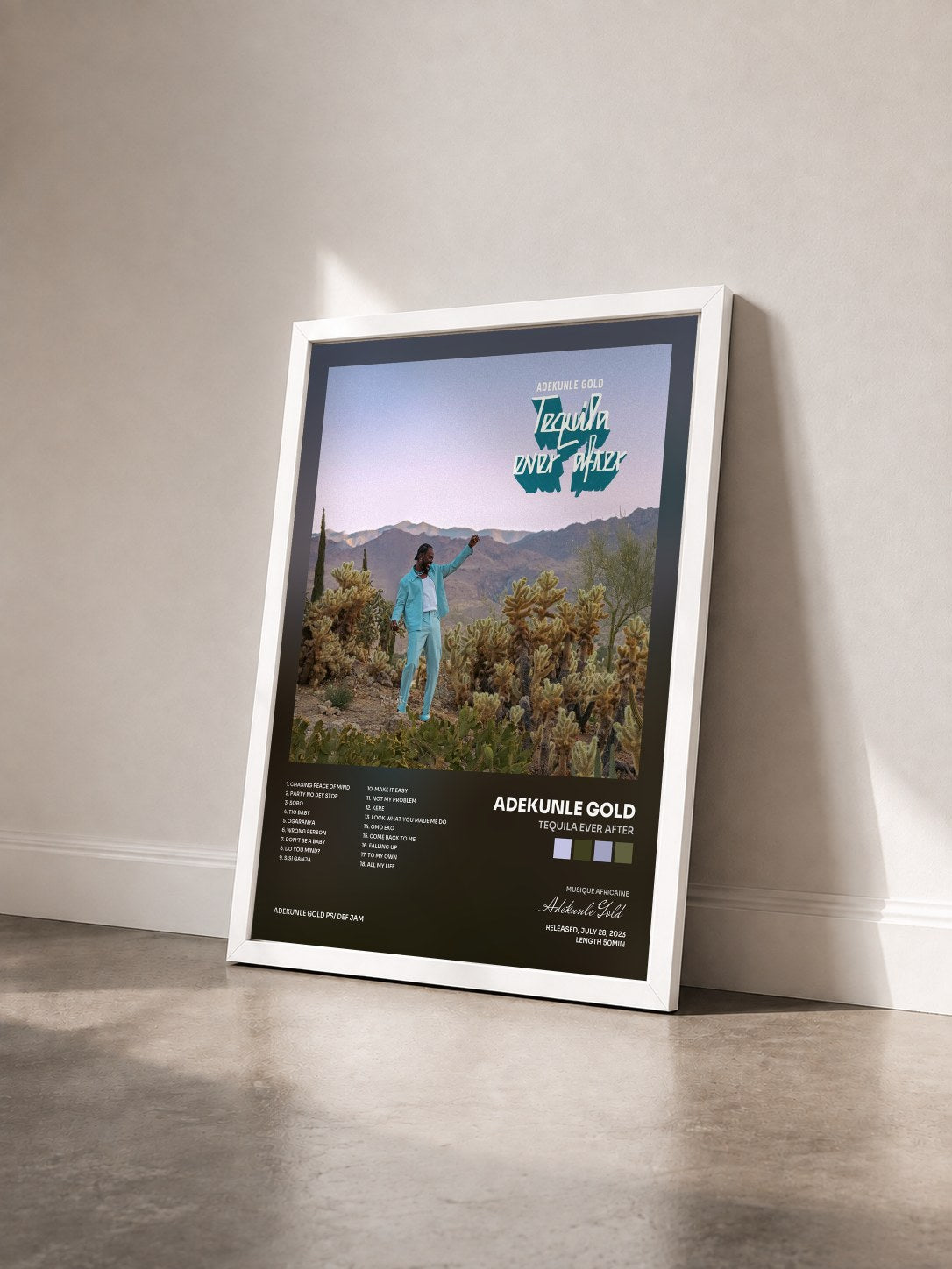 #blanc Tableau de l'album Tequila Ever After de Adekunle Gold vu de trois quarts, cadre blanc