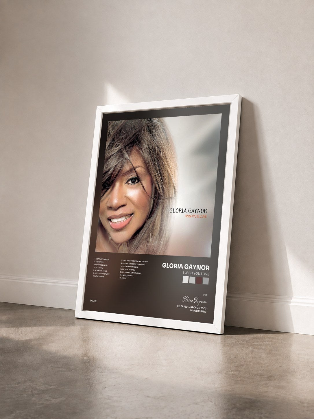 #blanc Tableau de l'album I Wish You Love de Gloria Gaynor vu de trois quarts, cadre blanc