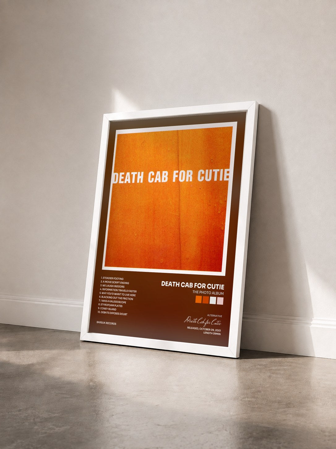 #blanc Tableau de l'album The Photo Album de Death Cab for Cutie vu de trois quarts, cadre blanc