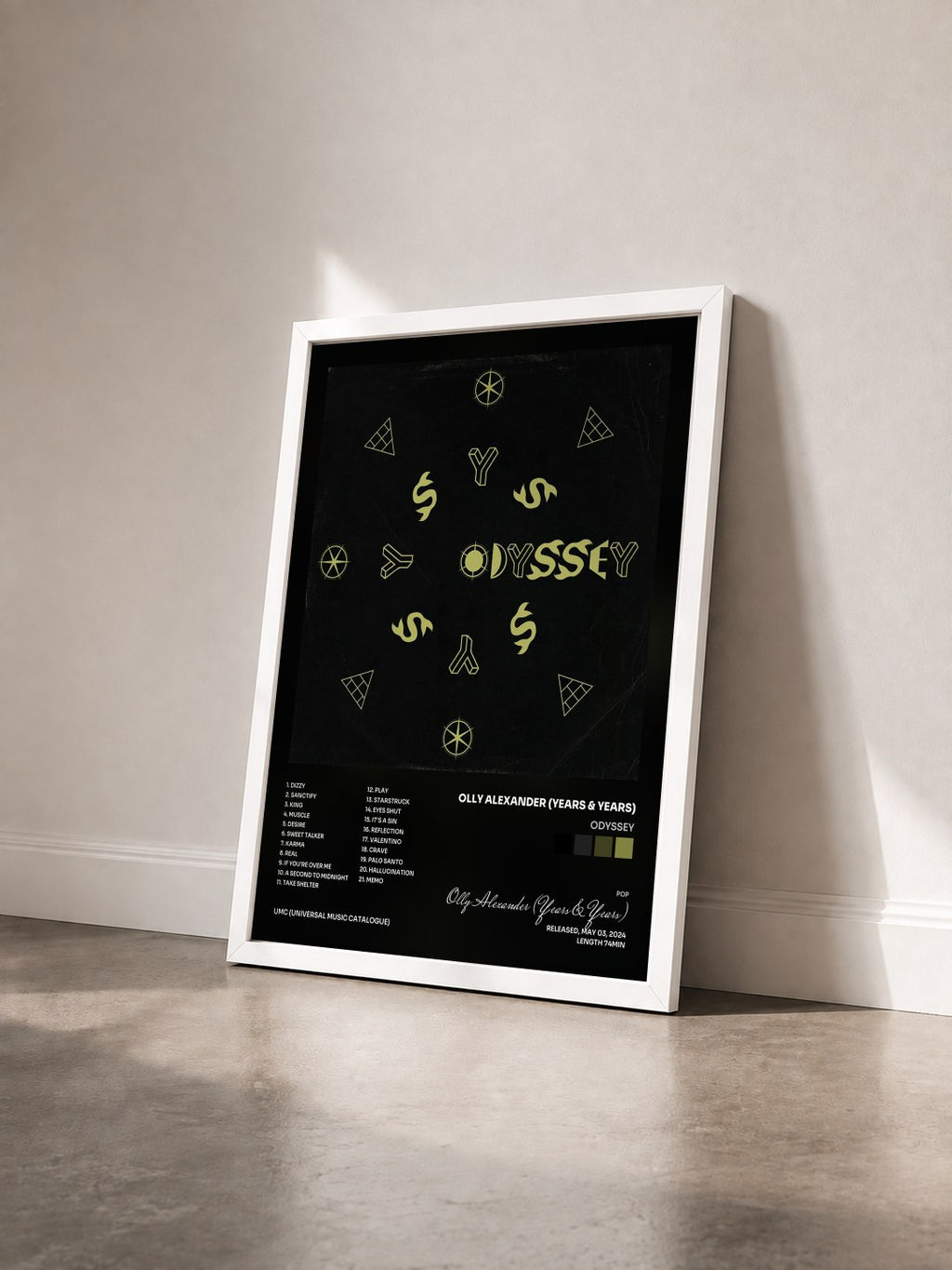 #blanc Tableau de l'album Odyssey de Olly Alexander (Years & Years) vu de trois quarts, cadre blanc