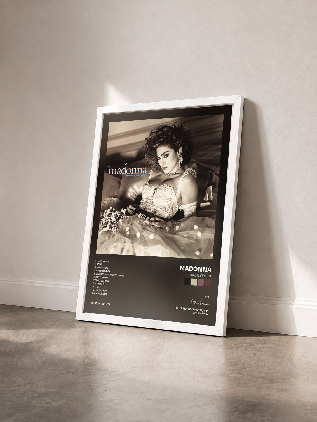 #blanc Like a Virgin by Madonna as a framed art print seen at an angle, white frame