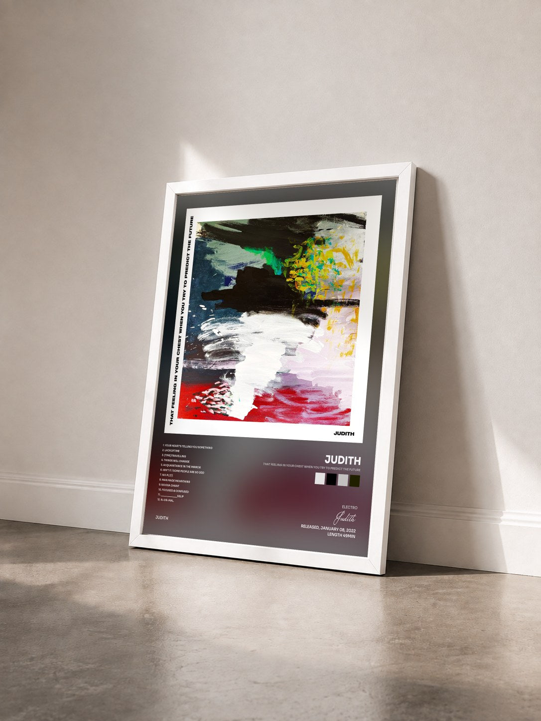 #blanc Tableau de l'album That Feeling In Your Chest When You Try To Predict The Future de Judith vu de trois quarts, cadre blanc