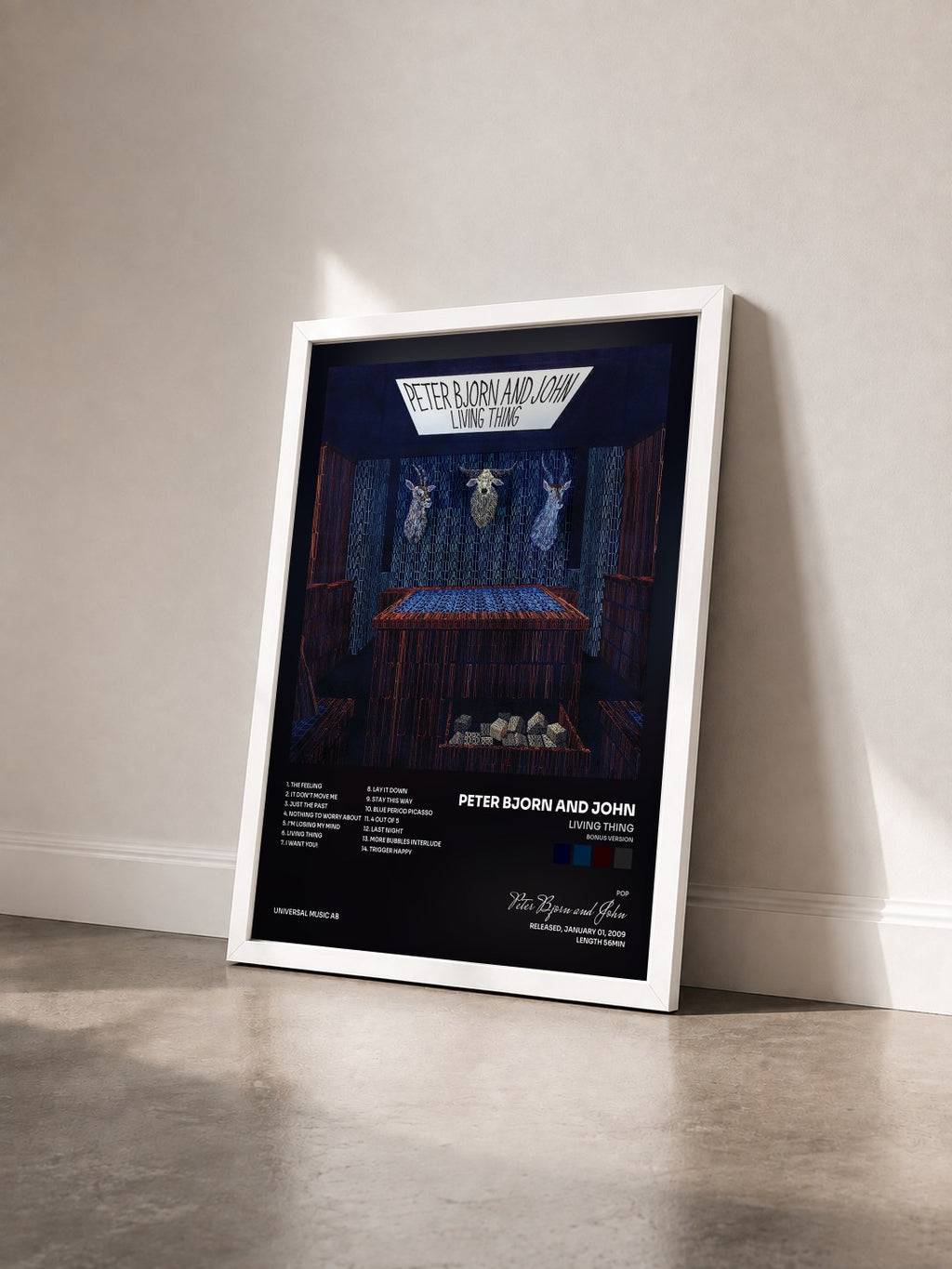 #blanc Living Thing (Bonus Version) by Peter Bjorn and John as a framed art print seen at an angle, white frame