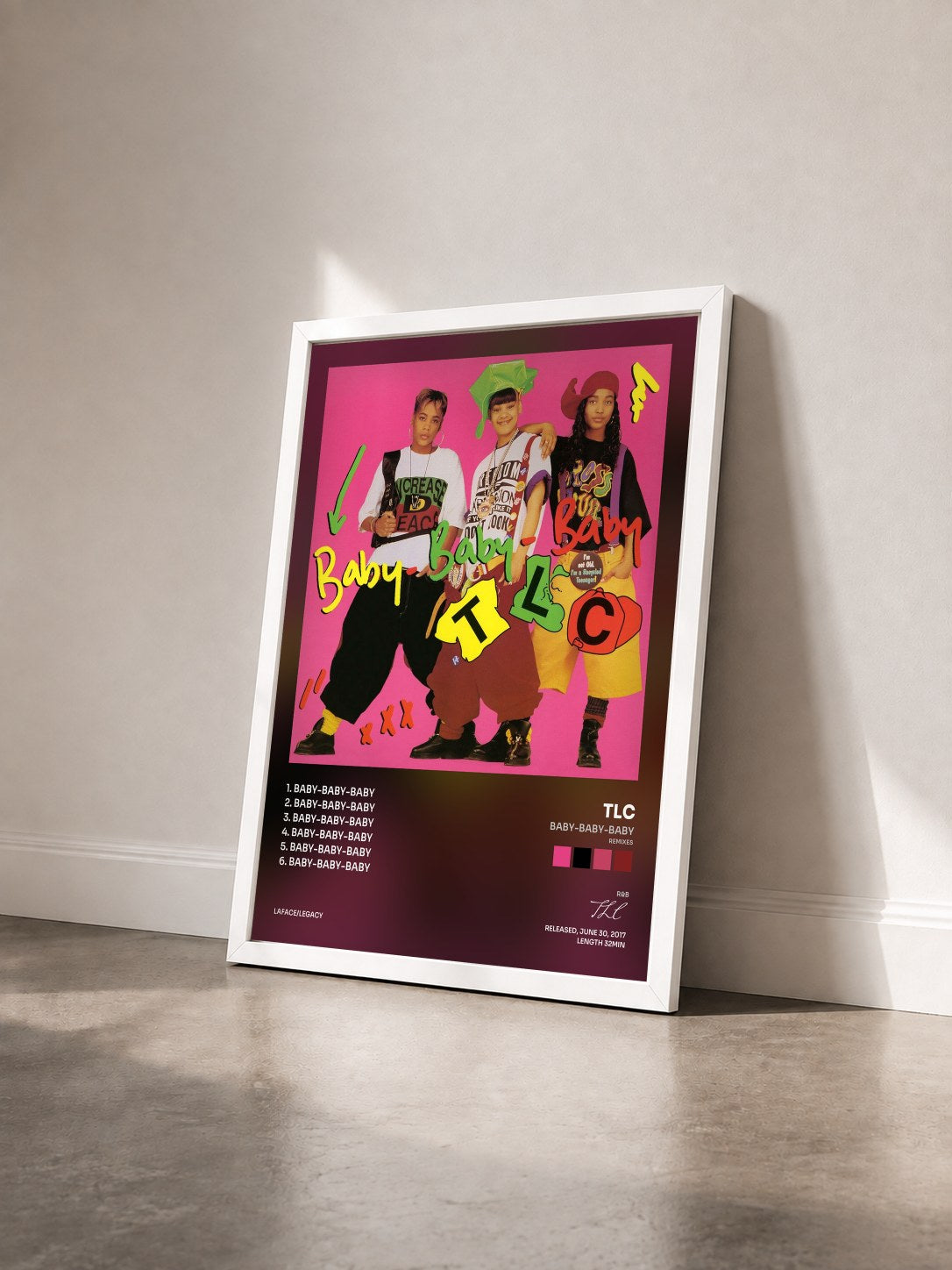 #blanc Tableau de l'album Baby-Baby-Baby (Remixes) de TLC vu de trois quarts, cadre blanc