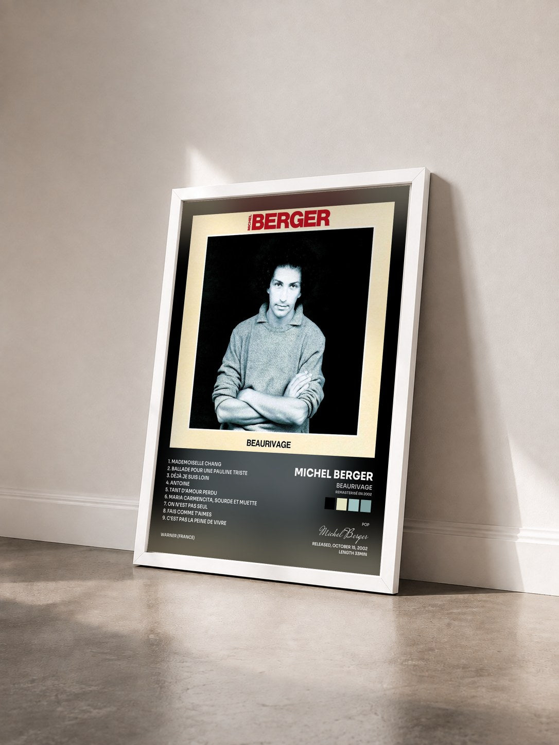 #blanc Tableau de l'album Beaurivage (Remasterisé en 2002) de Michel Berger vu de trois quarts, cadre blanc