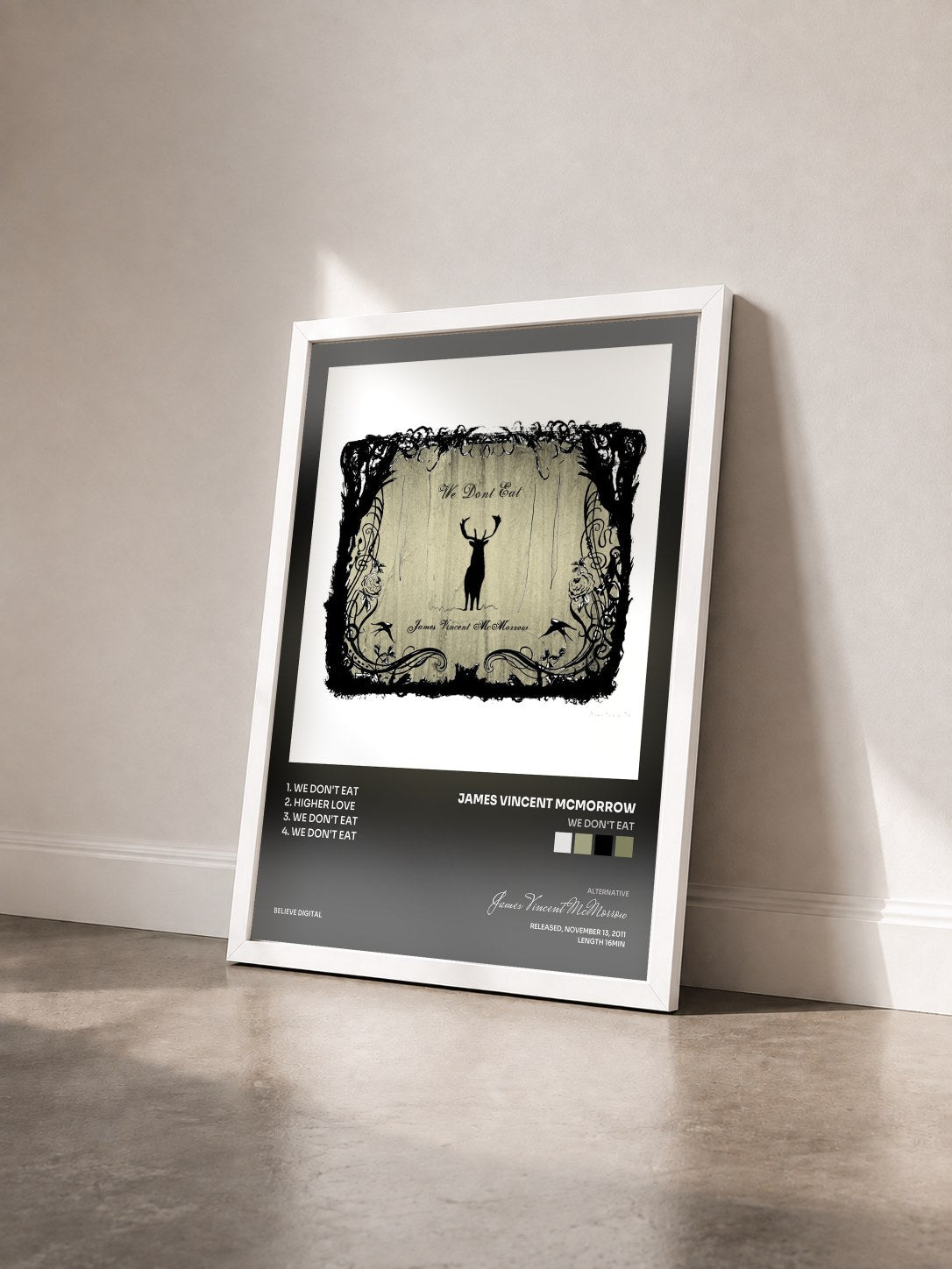 #blanc Tableau de l'album We Don't Eat de James Vincent McMorrow vu de trois quarts, cadre blanc
