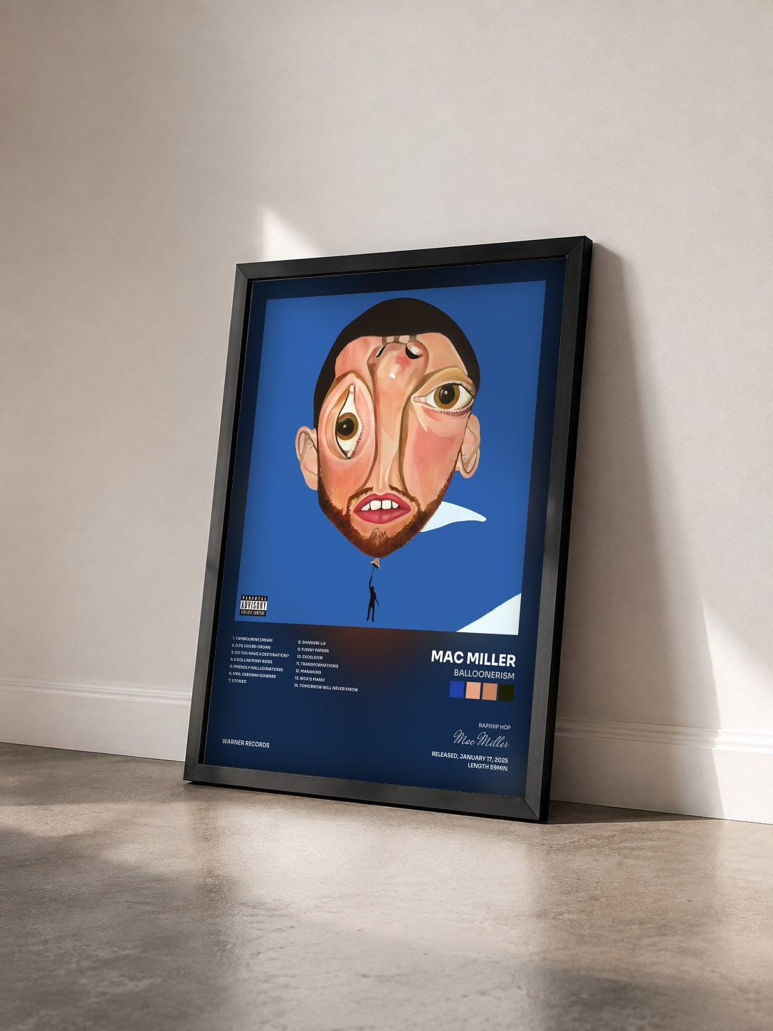 #noir Balloonerism by Mac Miller as a framed art print seen at an angle, black frame