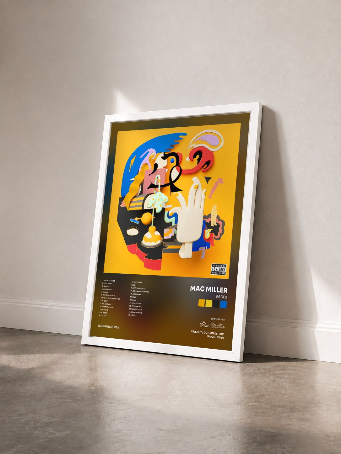 #blanc Faces by Mac Miller as a framed art print seen at an angle, white frame
