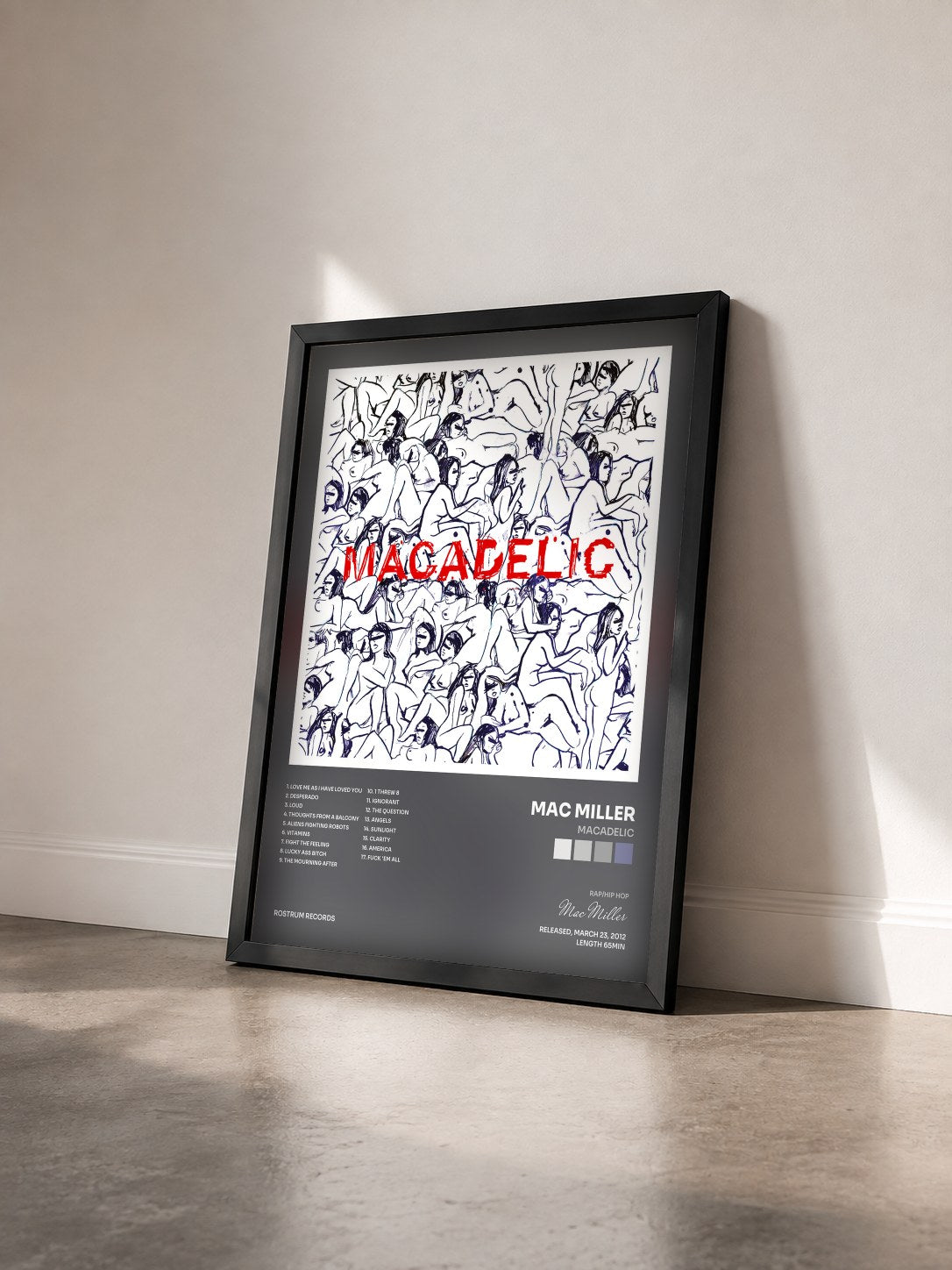 #noir Macadelic by Mac Miller as a framed art print seen at an angle, black frame