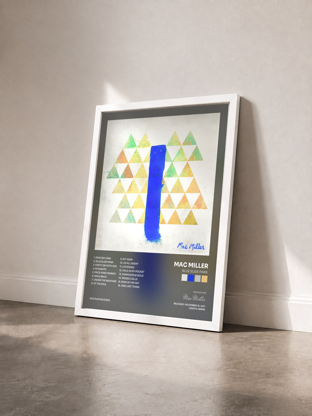 #blanc Blue Slide Park by Mac Miller as a framed art print seen at an angle, white frame