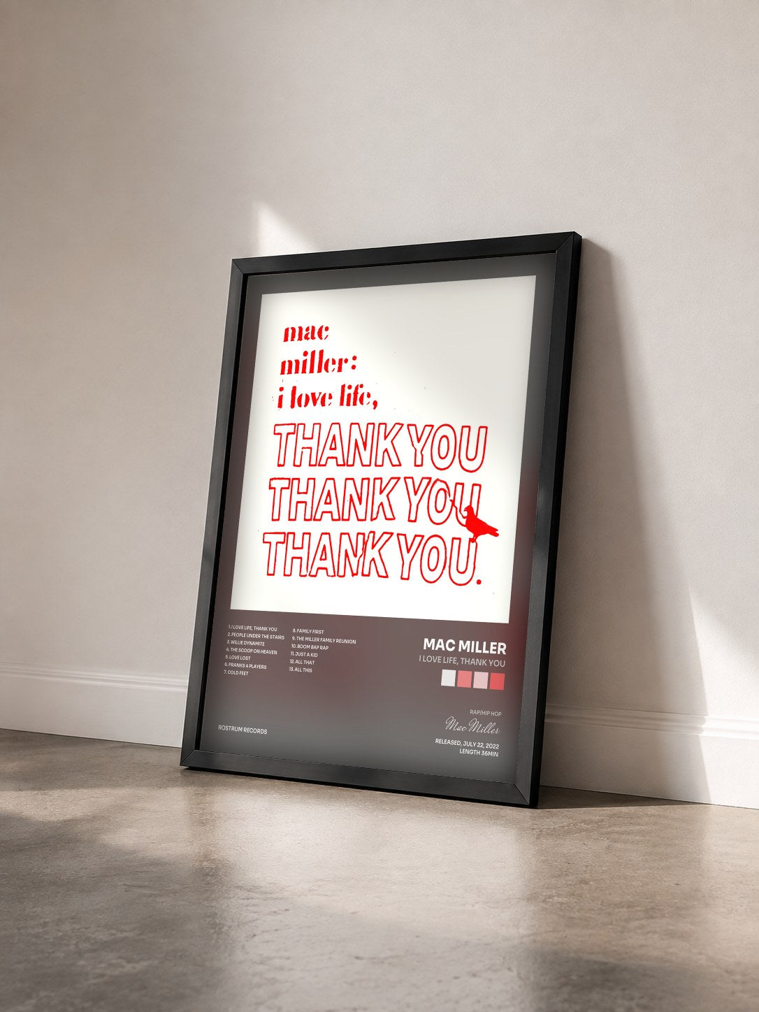 #noir I Love Life, Thank You by Mac Miller as a framed art print seen at an angle, black frame