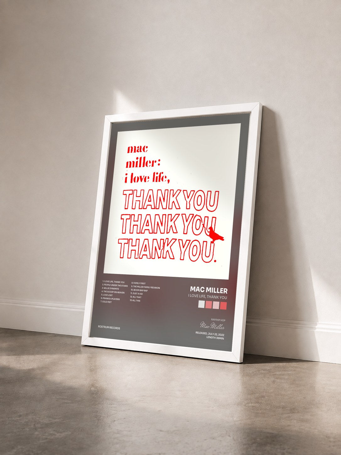 #blanc I Love Life, Thank You by Mac Miller as a framed art print seen at an angle, white frame