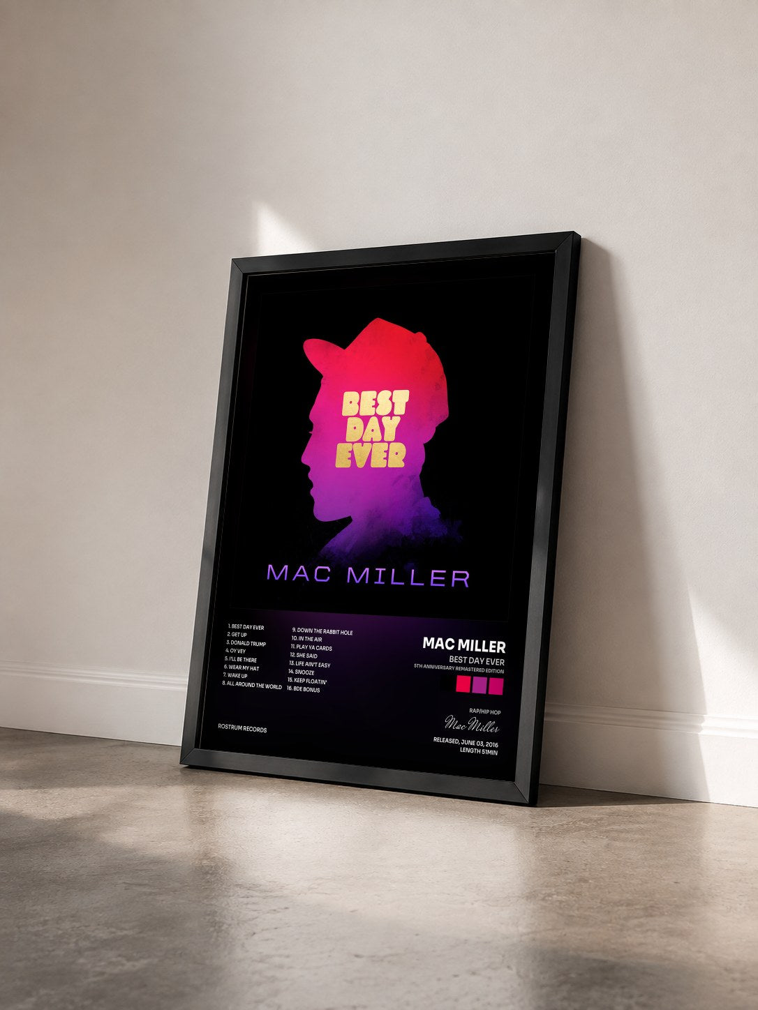 #noir Best Day Ever (5th Anniversary Remastered Edition) by Mac Miller as a framed art print seen at an angle, black frame