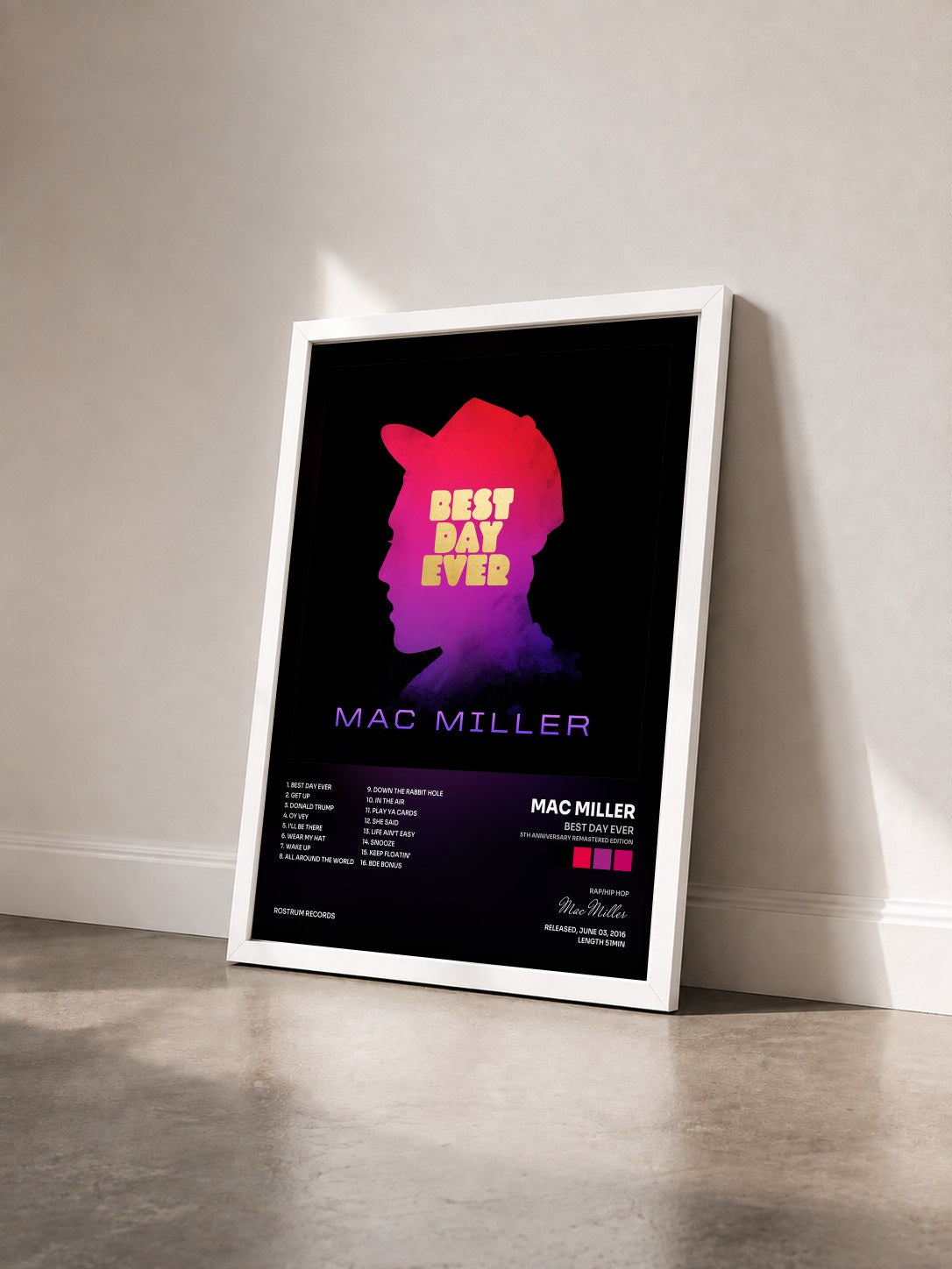 #blanc Best Day Ever (5th Anniversary Remastered Edition) by Mac Miller as a framed art print seen at an angle, white frame