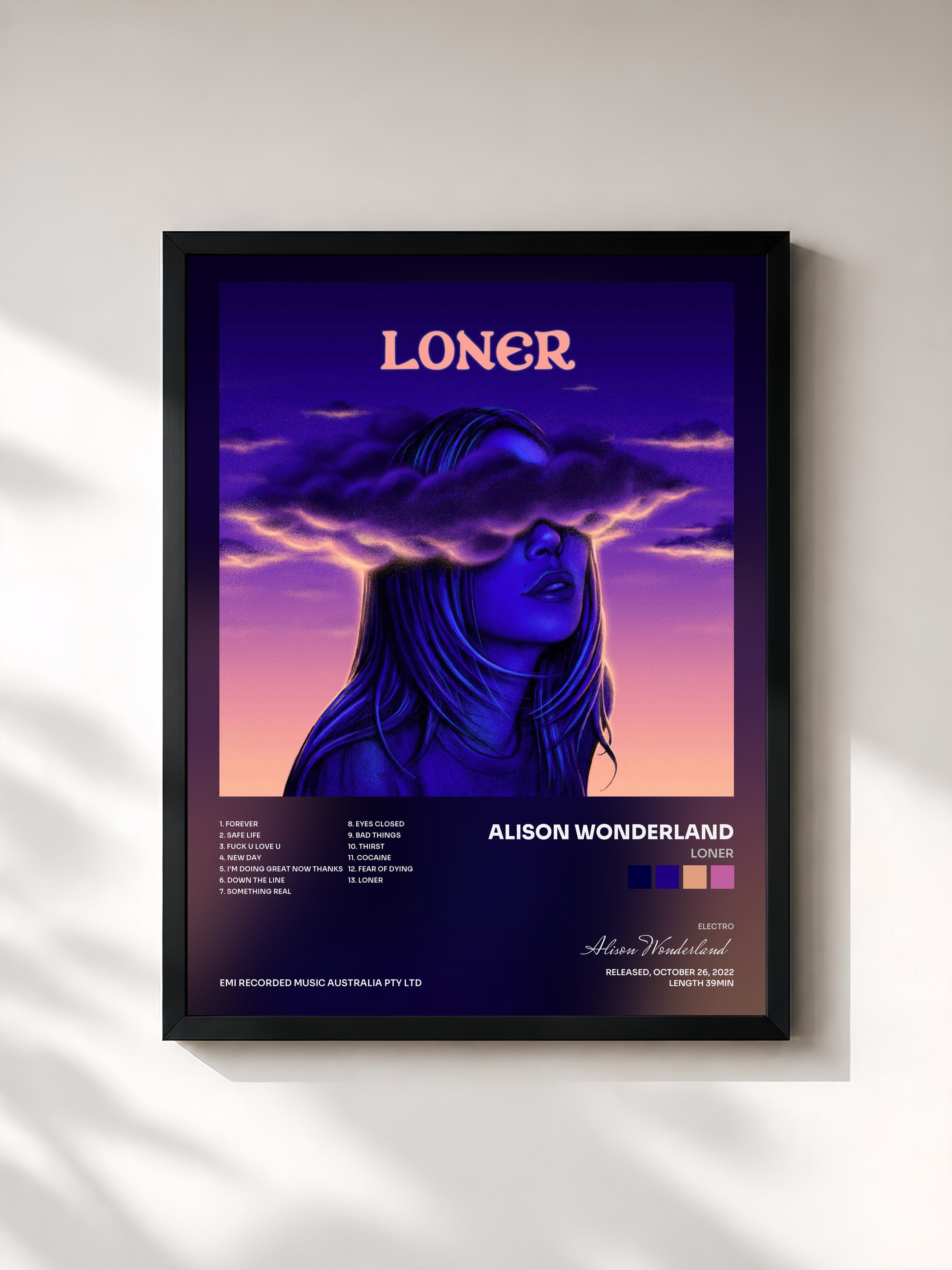 #noir Tableau de l'album Loner de Alison Wonderland, cadre noir, imprimé et encadré en France