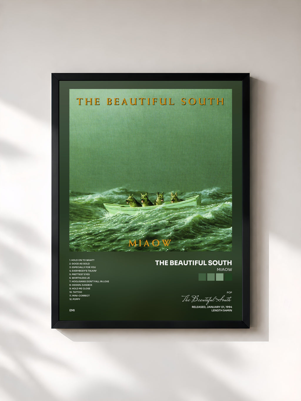 #noir Tableau de l'album Miaow de The Beautiful South, cadre noir, imprimé et encadré en France