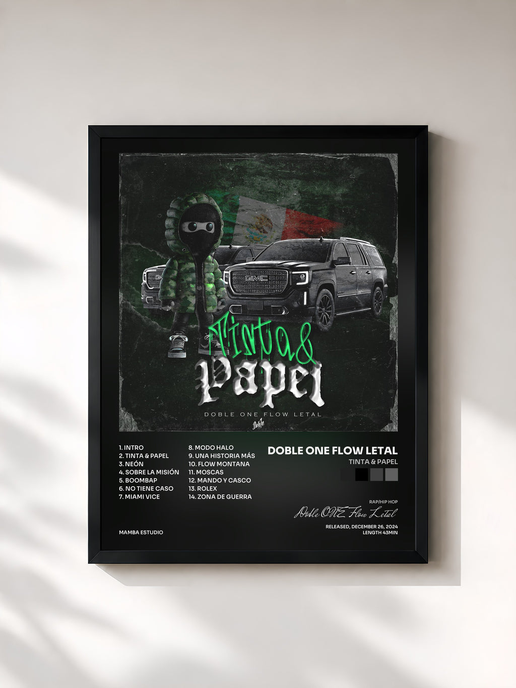 #noir Tableau de l'album Tinta & Papel de Doble ONE Flow Letal, cadre noir, imprimé et encadré en France