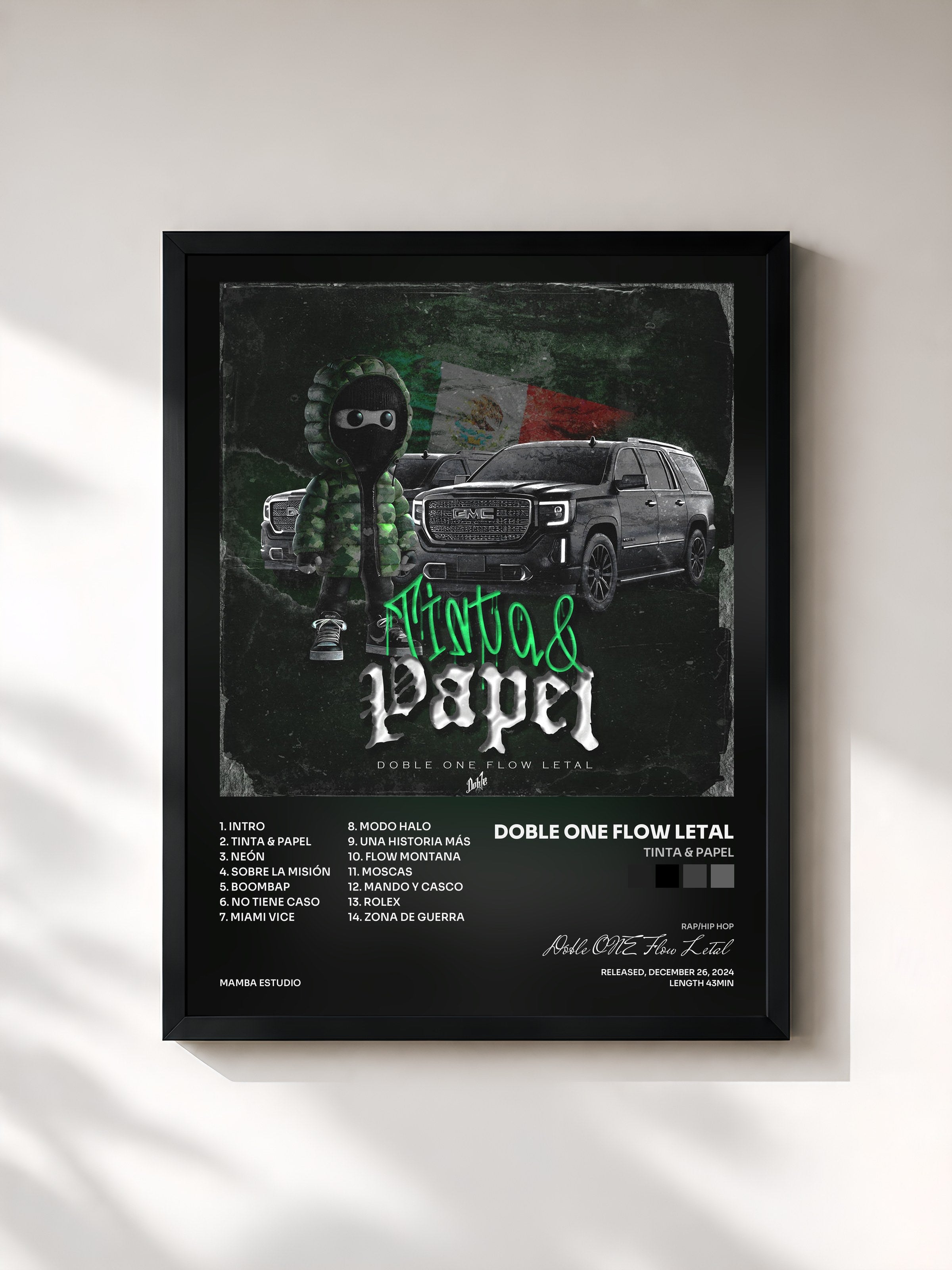 #noir Tableau de l'album Tinta & Papel de Doble ONE Flow Letal, cadre noir, imprimé et encadré en France