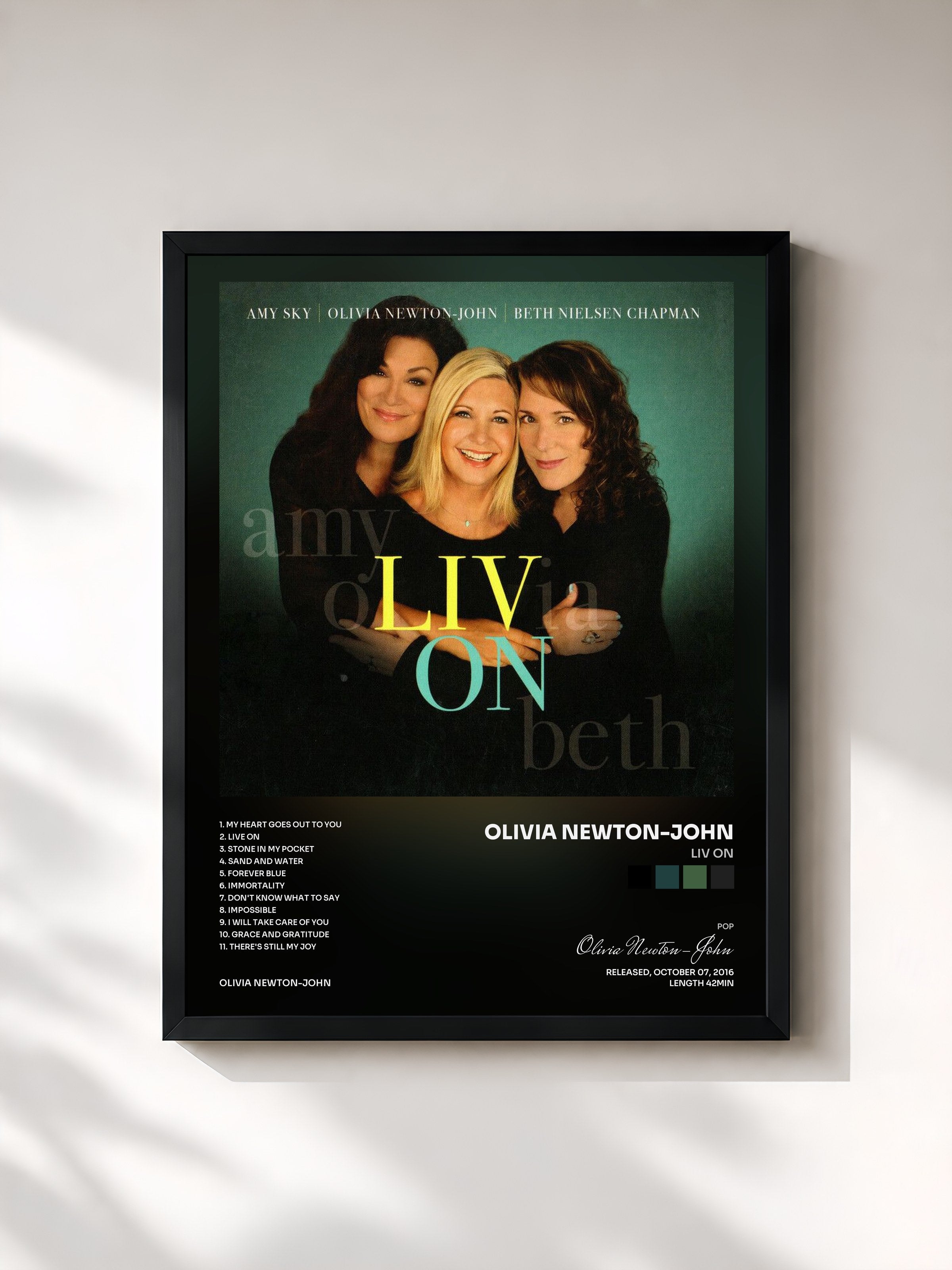 #noir Tableau de l'album Liv On de Olivia Newton-John, cadre noir, imprimé et encadré en France