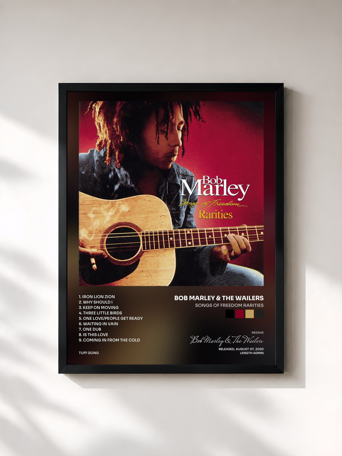 #noir Tableau de l'album Songs Of Freedom Rarities de Bob Marley & The Wailers, cadre noir, imprimé et encadré en France
