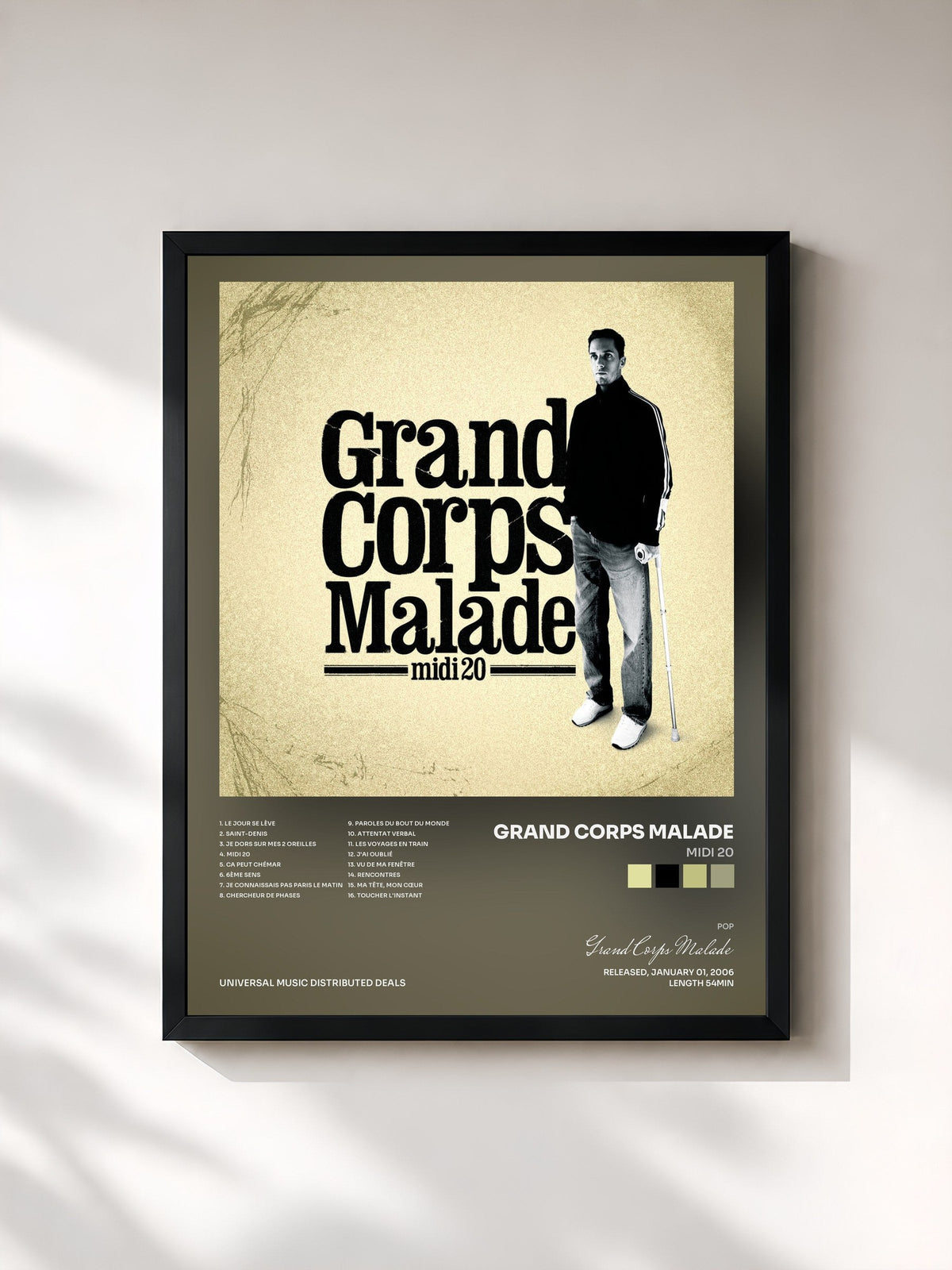 #noir Tableau de l'album Midi 20 de Grand Corps Malade, cadre noir, imprimé et encadré en France