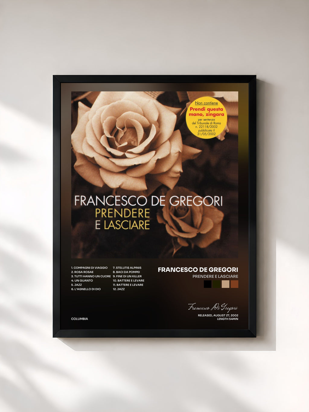 #noir Tableau de l'album Prendere E Lasciare de Francesco De Gregori, cadre noir, imprimé et encadré en France