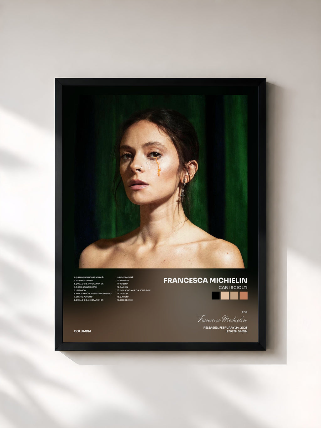 #noir Tableau de l'album Cani Sciolti de Francesca Michielin, cadre noir, imprimé et encadré en France