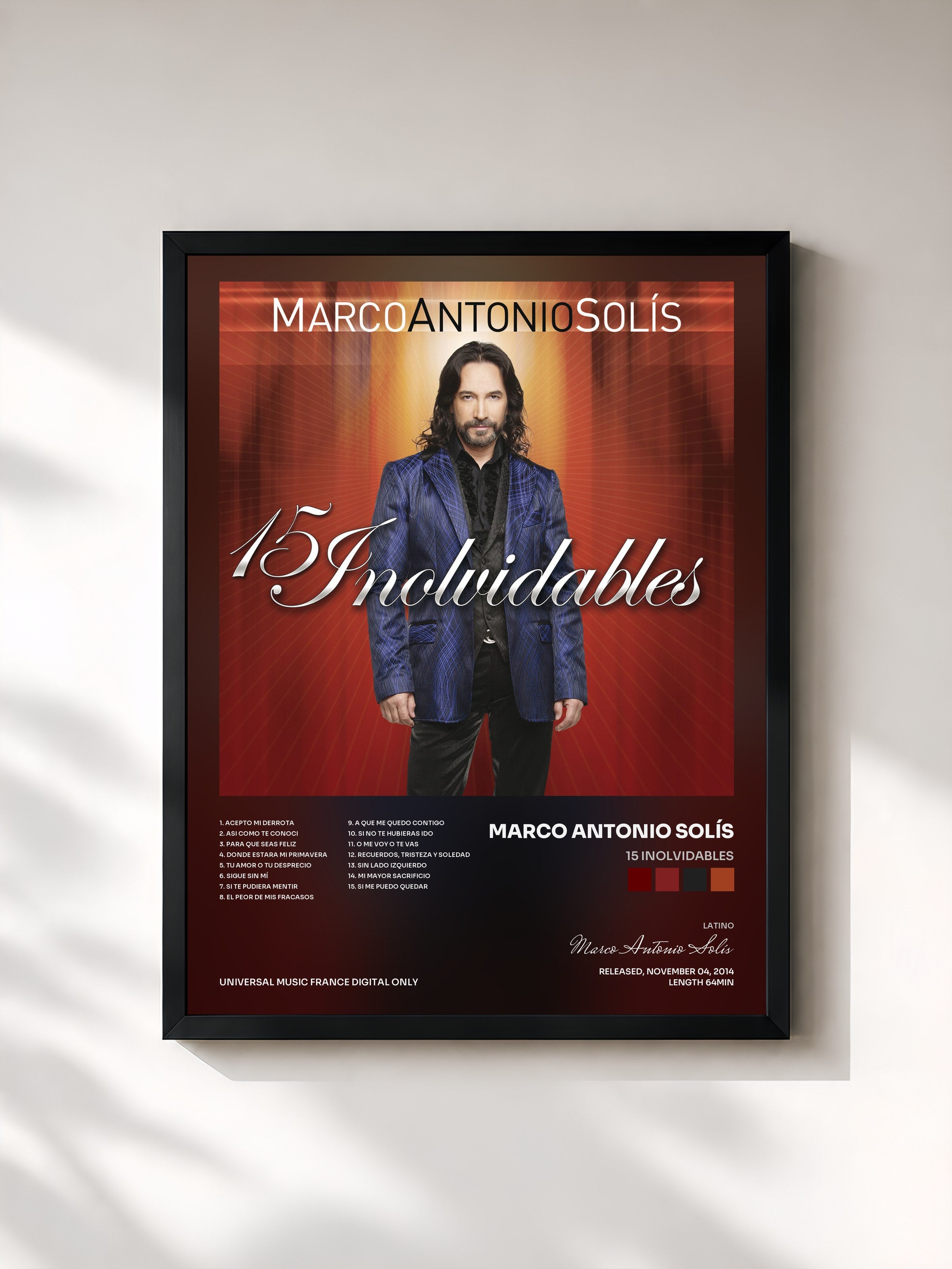 #noir Tableau de l'album 15 Inolvidables de Marco Antonio Solís, cadre noir, imprimé et encadré en France