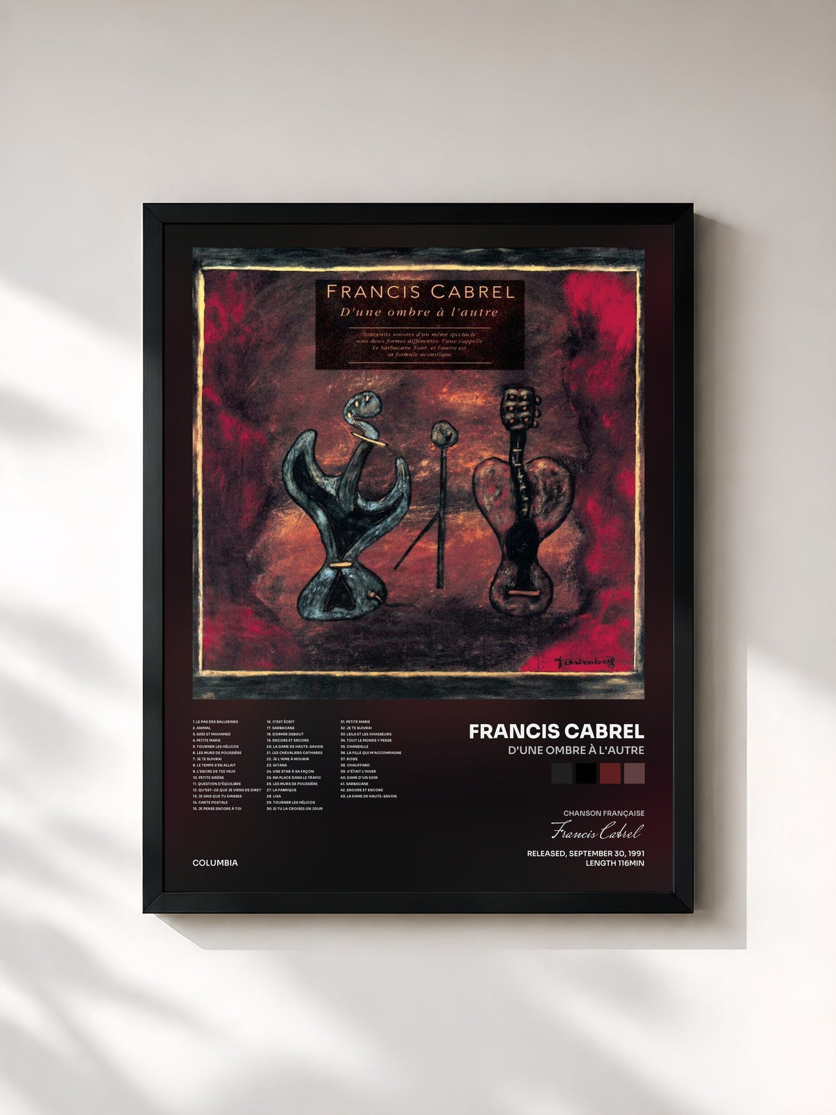 #noir Tableau de l'album D'une ombre à l'autre de Francis Cabrel, cadre noir, imprimé et encadré en France
