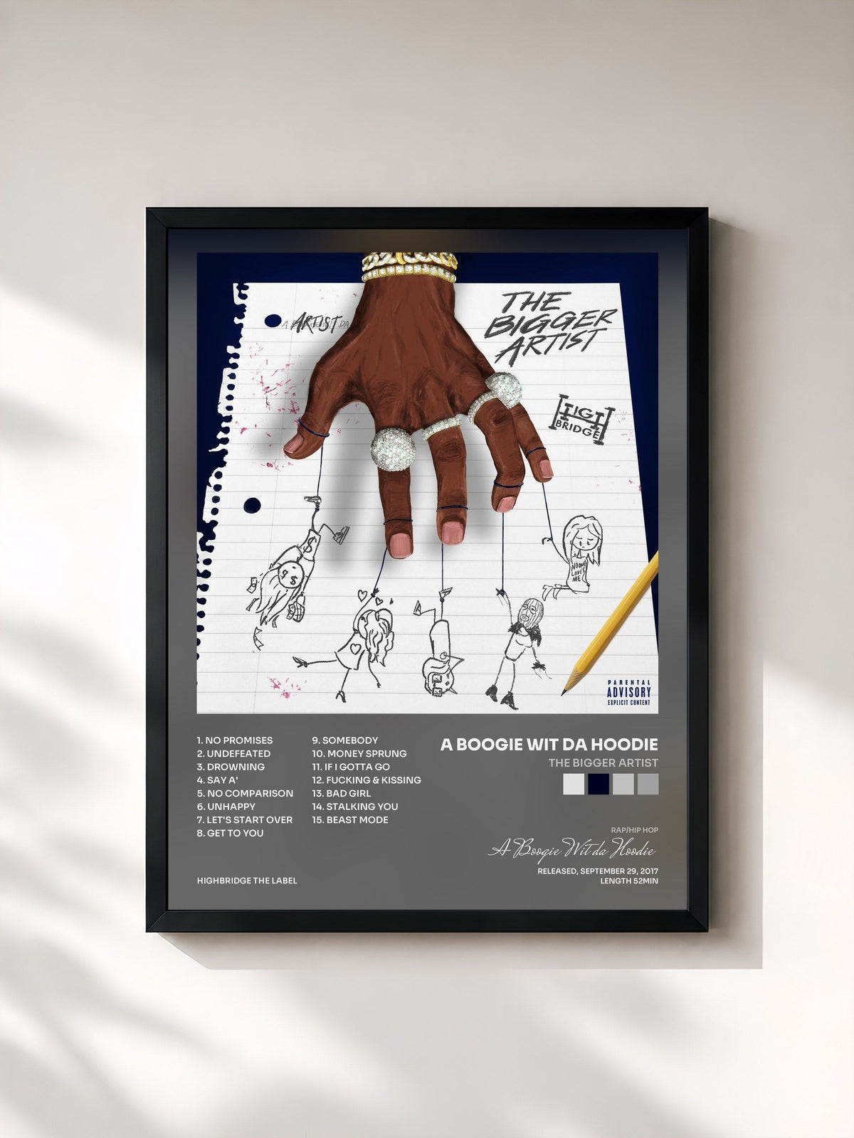 #noir Tableau de l'album The Bigger Artist de A Boogie Wit da Hoodie, cadre noir, imprimé et encadré en France
