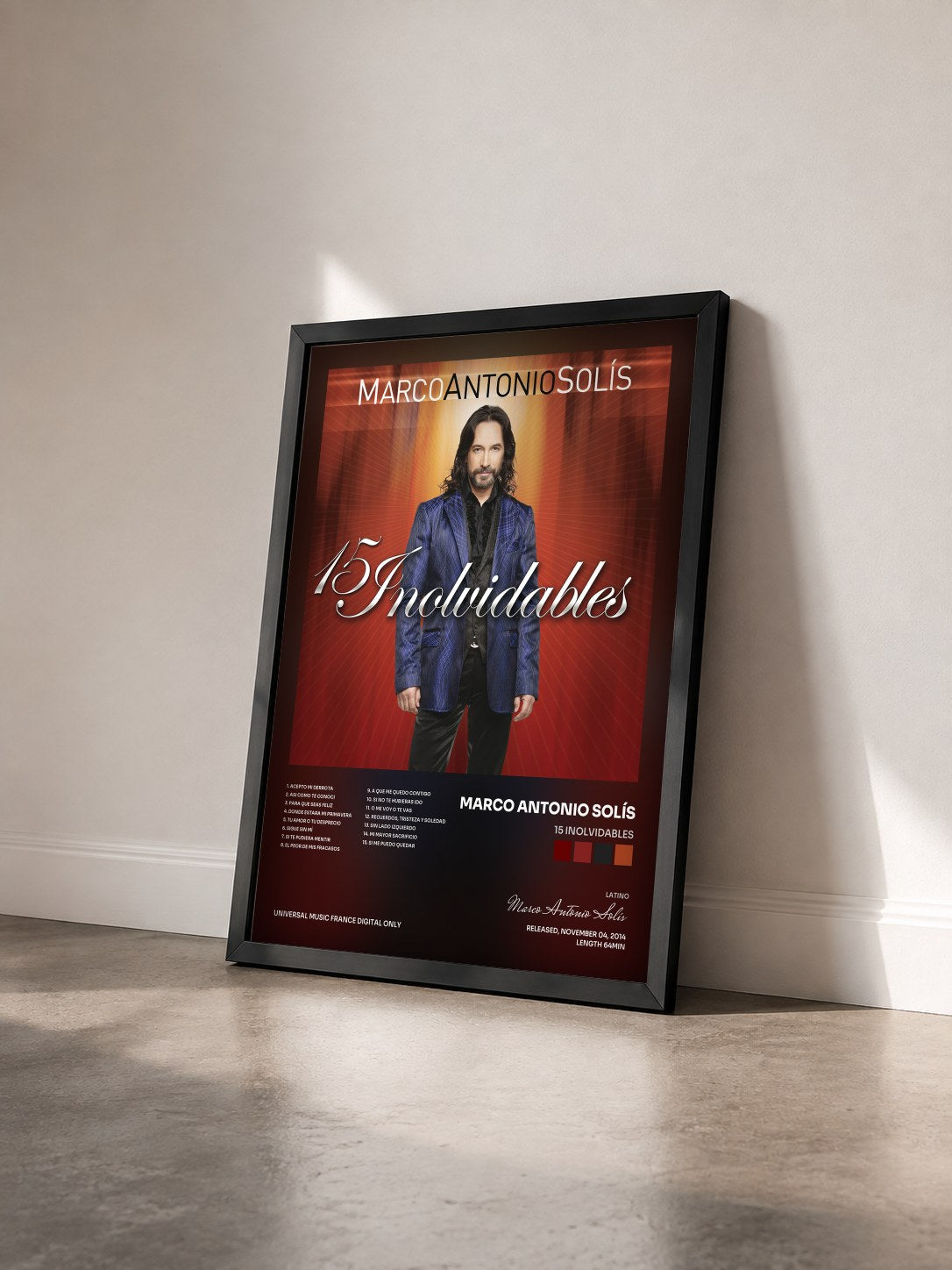 #noir Tableau de l'album 15 Inolvidables de Marco Antonio Solís vu de trois quarts, cadre noir