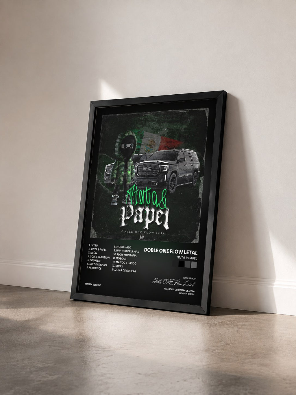 #noir Tableau de l'album Tinta & Papel de Doble ONE Flow Letal vu de trois quarts, cadre noir