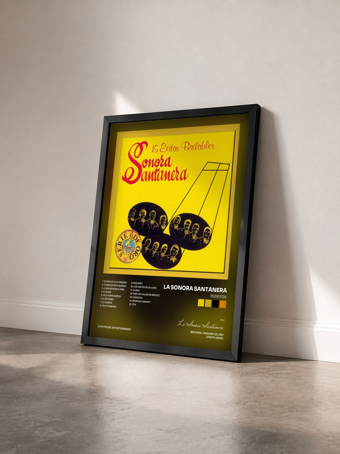 #noir Tableau de l'album 15 EXITOS de La Sonora Santanera vu de trois quarts, cadre noir