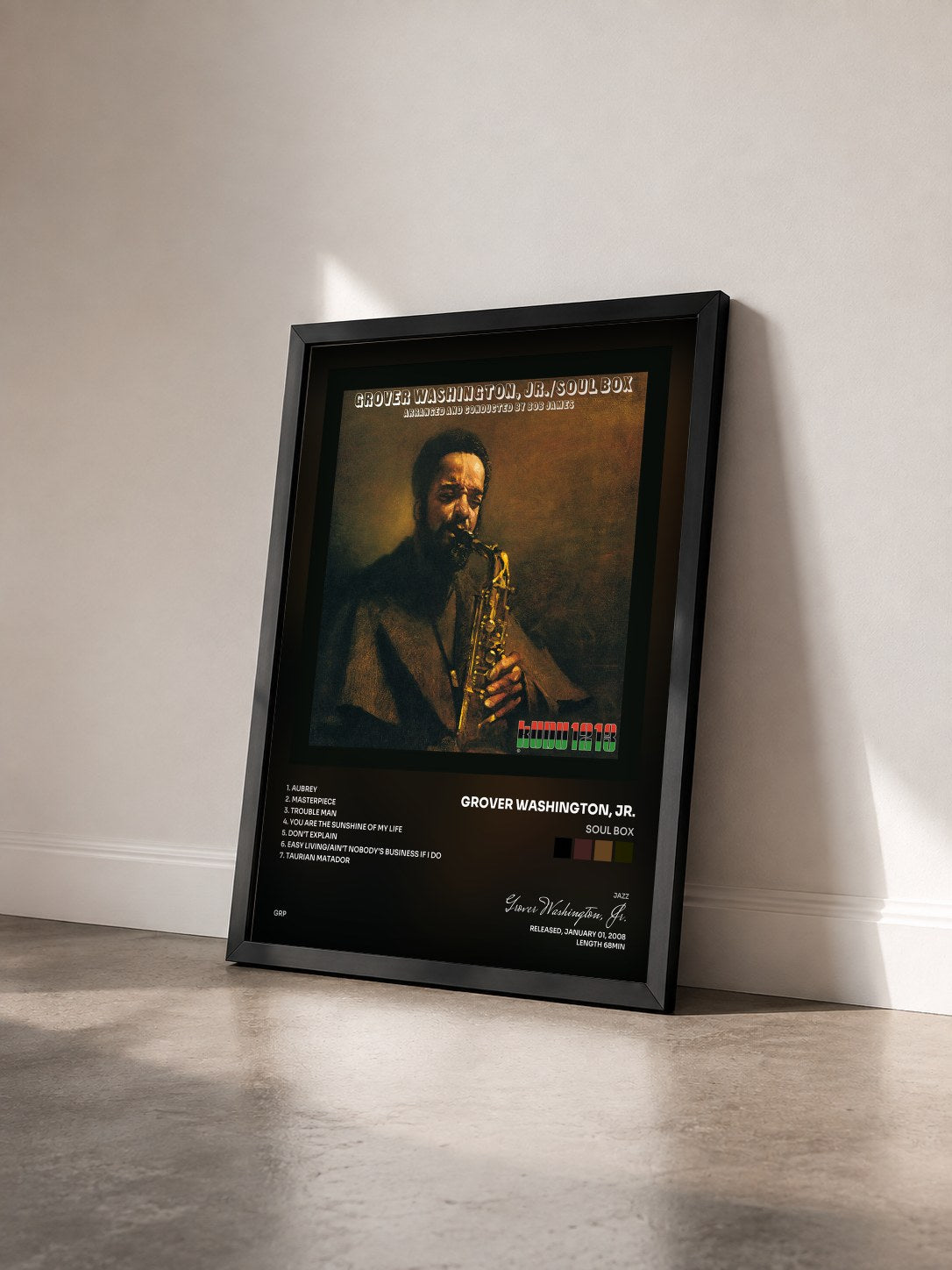 #noir Tableau de l'album Soul Box de Grover Washington, Jr. vu de trois quarts, cadre noir
