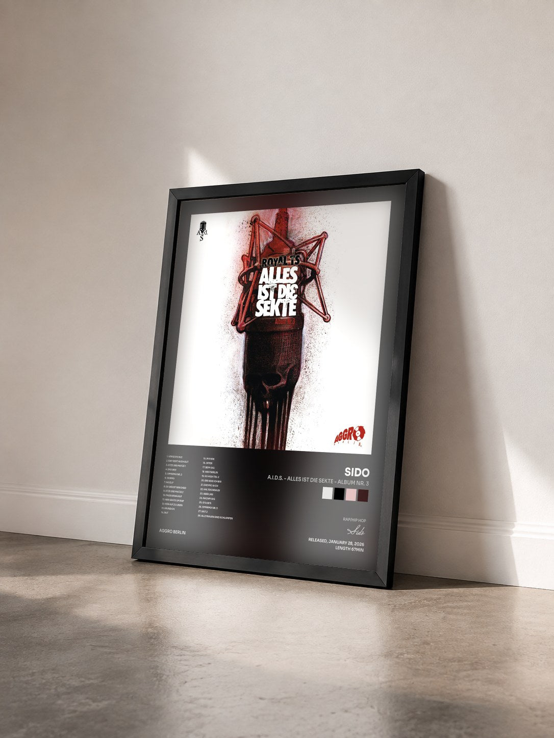 #noir Tableau de l'album A.I.D.S. - Alles ist die Sekte - Album Nr. 3 de Sido vu de trois quarts, cadre noir