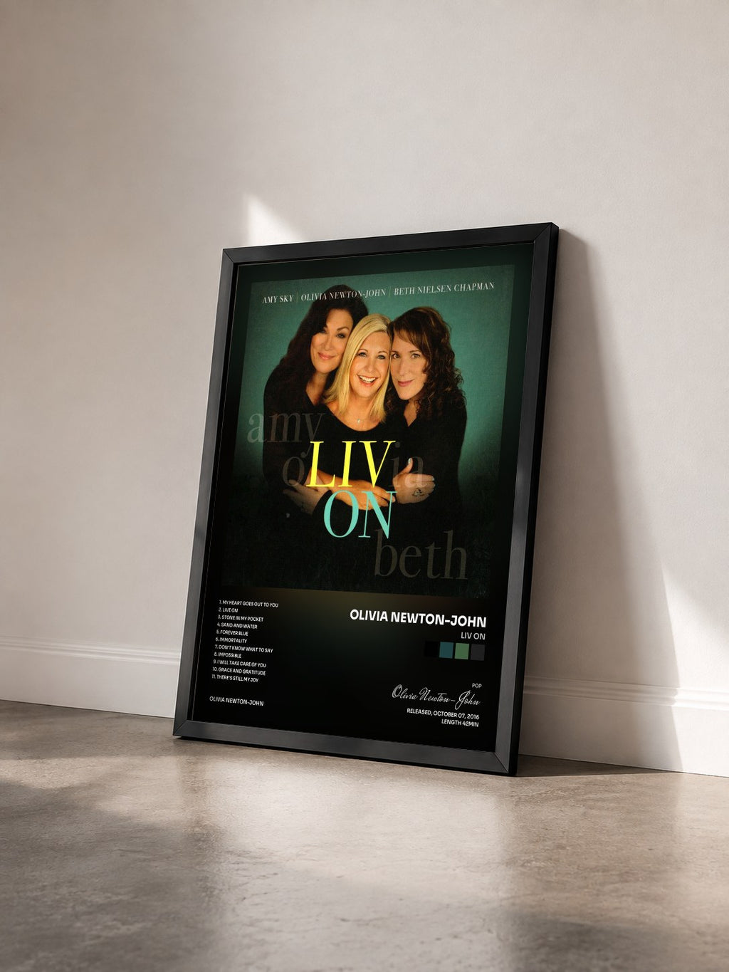 #noir Tableau de l'album Liv On de Olivia Newton-John vu de trois quarts, cadre noir