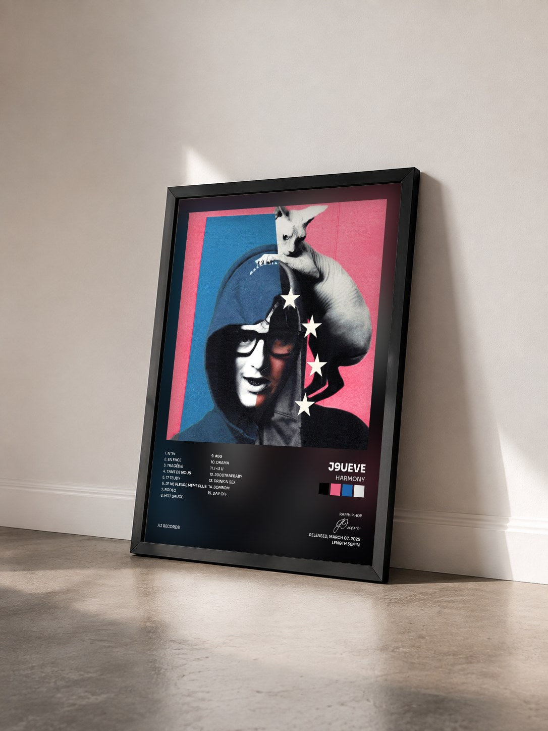 #noir Tableau de l'album HARMONY de J9ueve vu de trois quarts, cadre noir