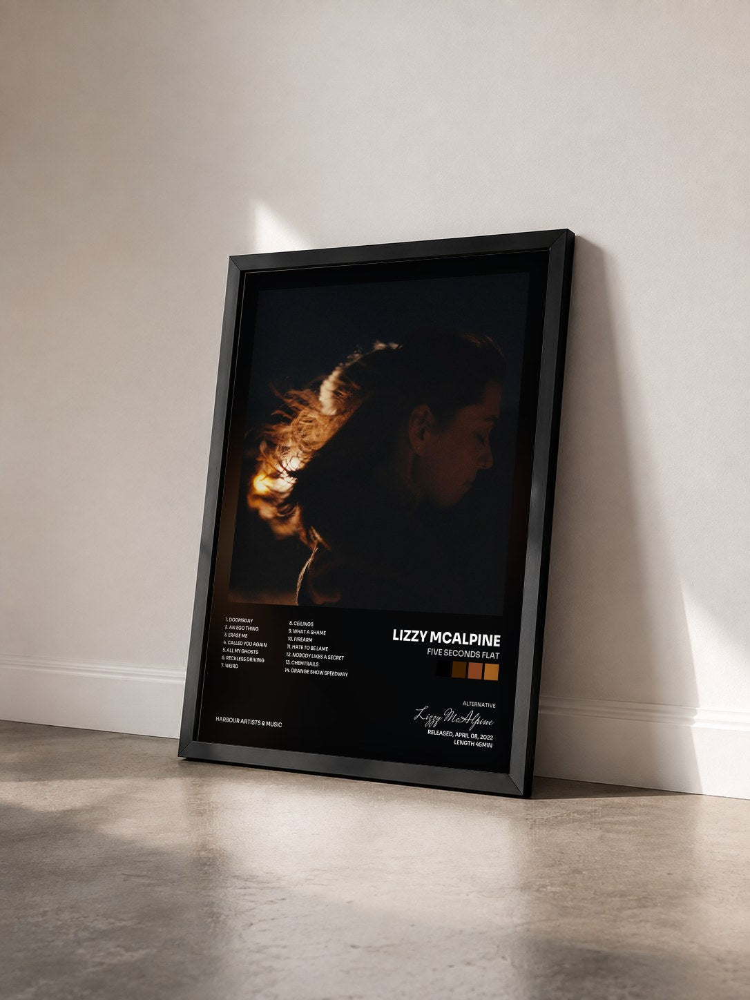 #noir five seconds flat by Lizzy McAlpine as a framed art print seen at an angle, black frame