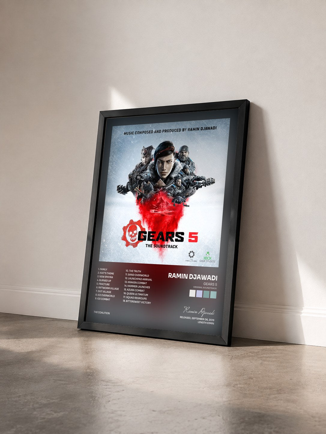 #noir Tableau de l'album Gears 5 (Original Soundtrack) de Ramin Djawadi vu de trois quarts, cadre noir