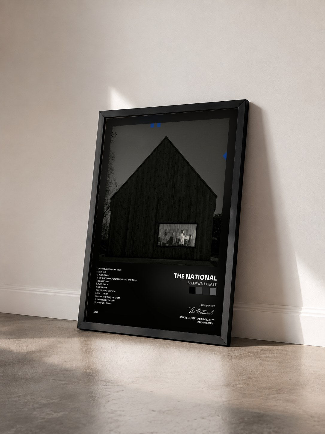 #noir Sleep Well Beast by The National as a framed art print seen at an angle, black frame