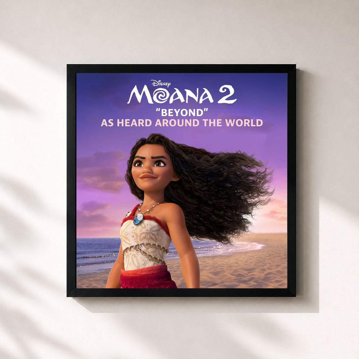 #noir Tableau carré de l'album Beyond (from Moana 2) de Disney, cadre noir 32x32 cm