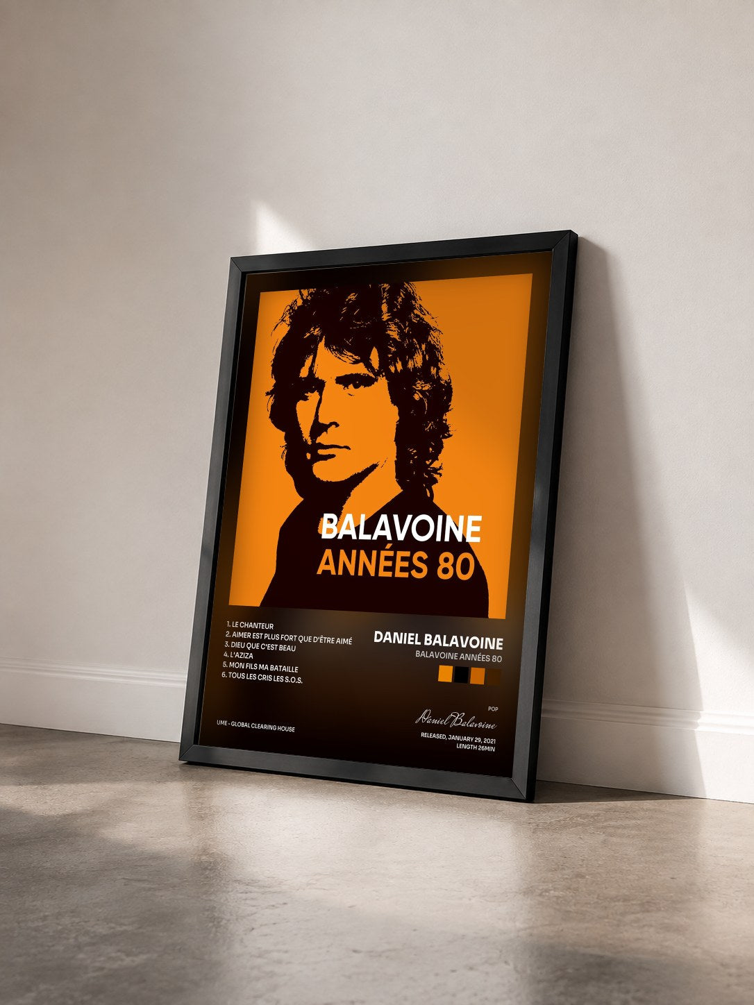 #noir Tableau de l'album Balavoine années 80 de Daniel Balavoine vu de trois quarts, cadre noir