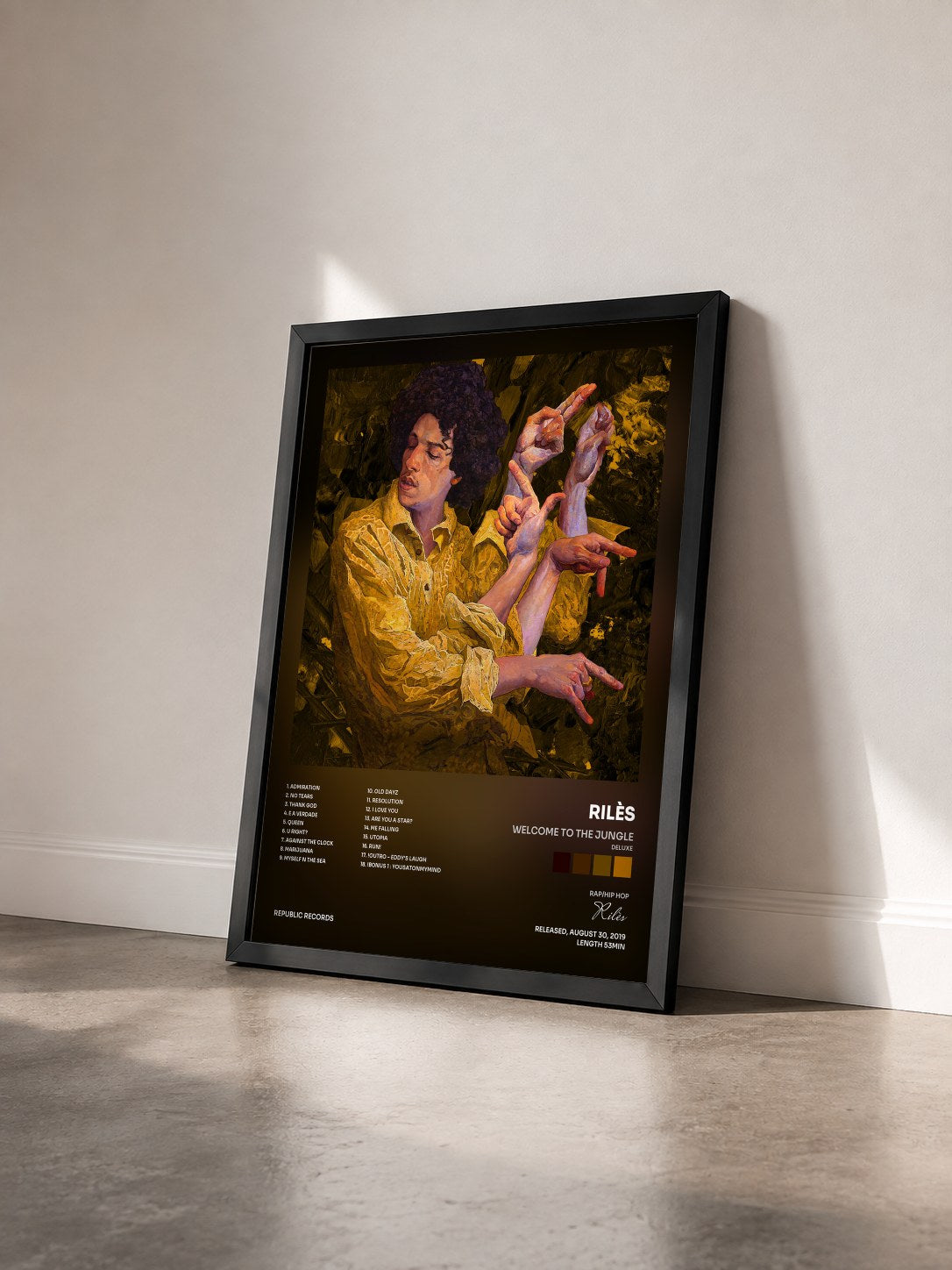 #noir WELCOME TO THE JUNGLE (Deluxe) by Rilès as a framed art print seen at an angle, black frame